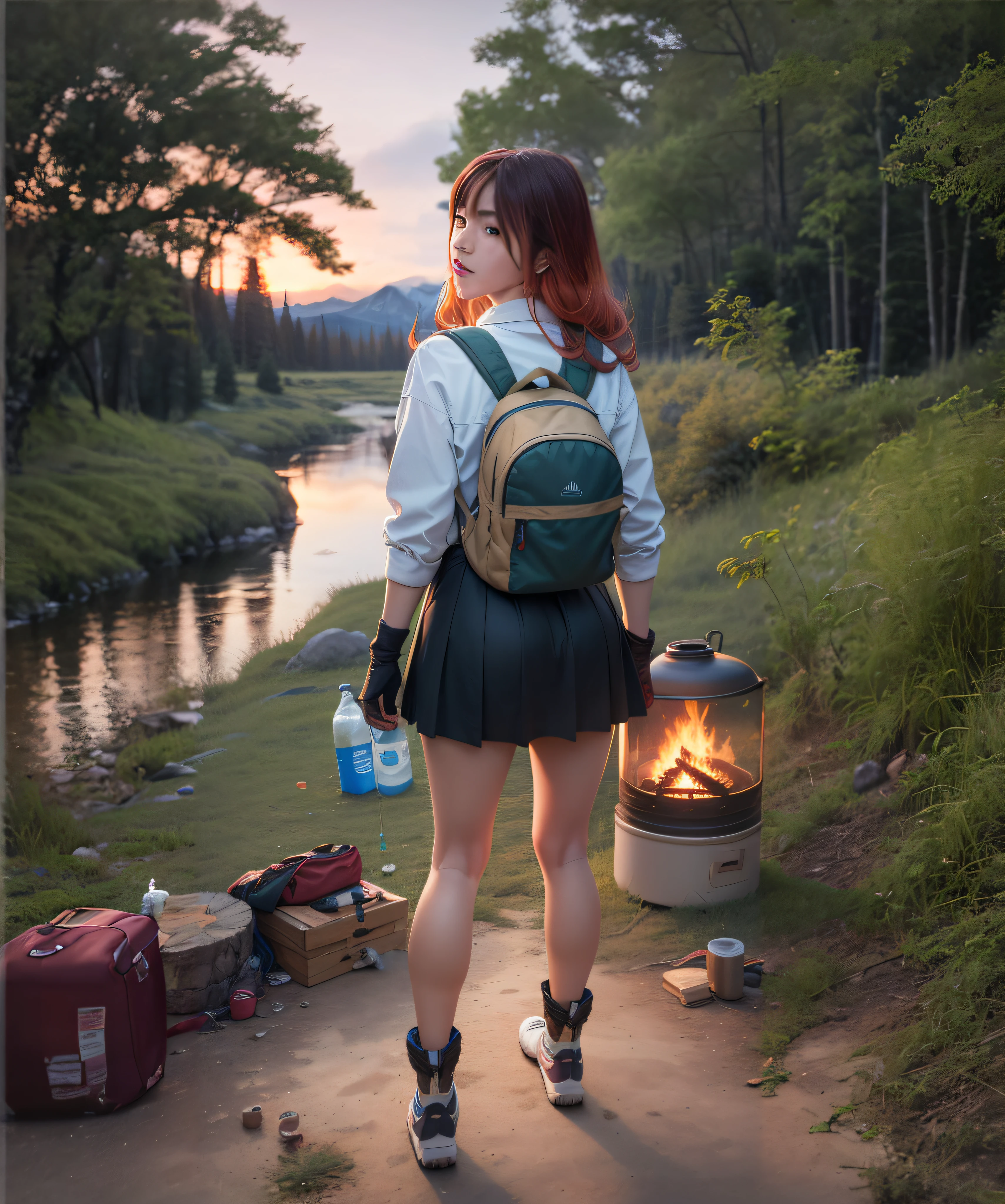 there is a woman that is standing near a fire with a backpack, a hyperrealistic schoolgirl, hyperrealistic schoolgirl, evening!! in the forest, adventure hyper realistic render, artwork in the style of guweiz, realistic schoolgirl, in style of makoto shinkai, makoto shinkai style, makoto shinkai. digital render