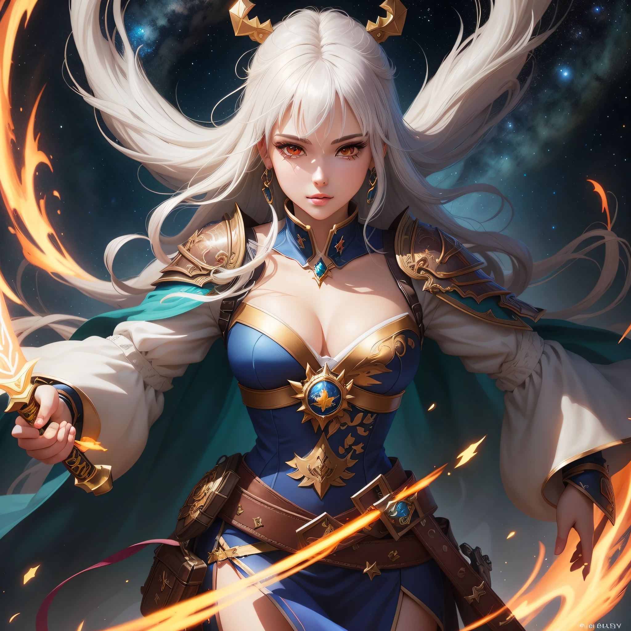 anime girl with white hair and blue dress holding a sword, beautiful celestial mage, portrait knights of zodiac girl, epic mage girl character, 2. 5 d cgi anime fantasy artwork, anime fantasy illustration, anime fantasy artwork, white haired deity, ig model | artgerm, loong, epic exquisite character art, portrait of a female mage