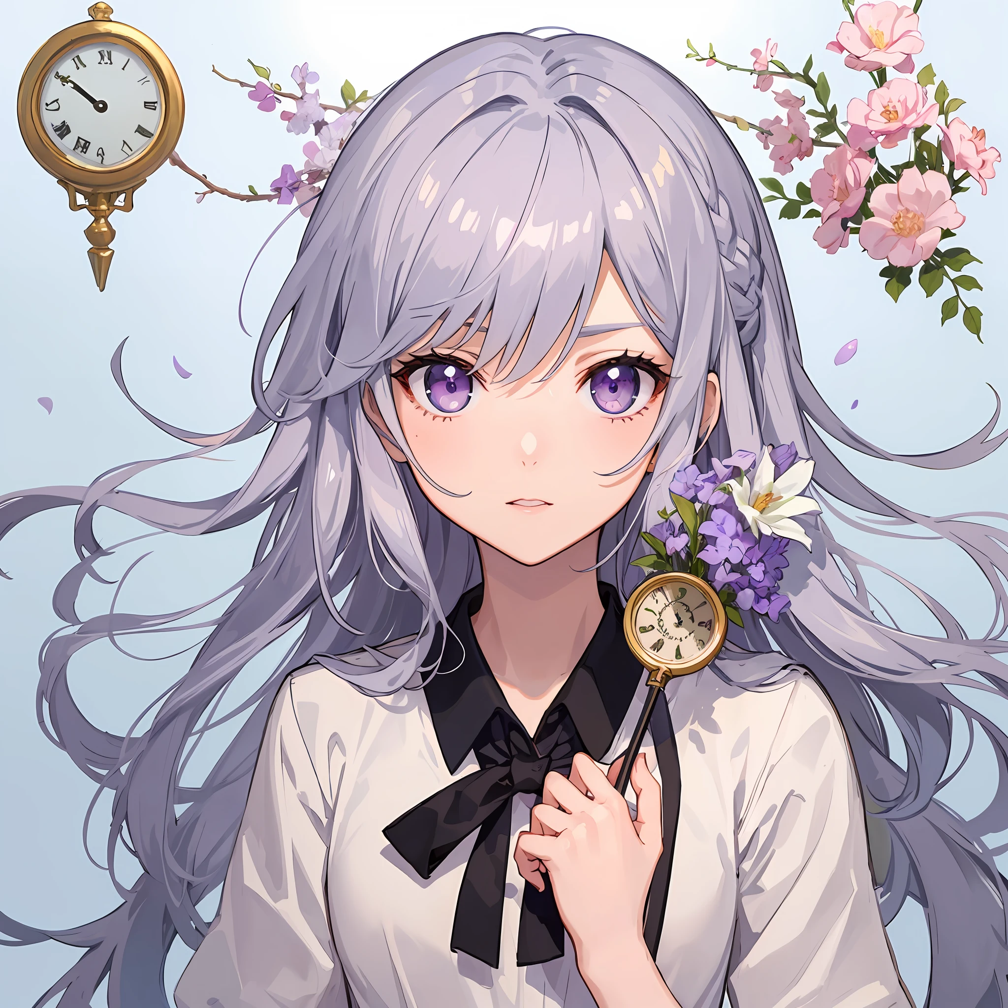 Long hair anime girl holding clock and flowers, anime moe art style, purple hair, silver hair, purple eyes