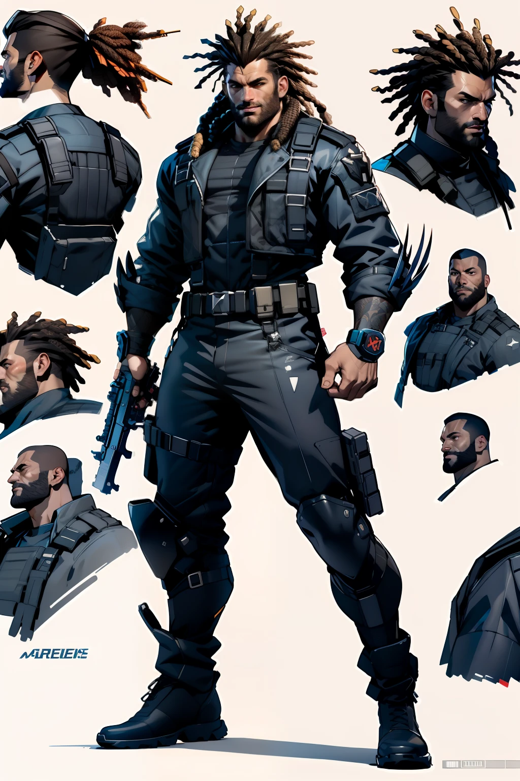 a close up of a afro man with huge dreadlocks, (character sheet) full body x-force military black outfit, 3 d character reference sheet, ((holding a machinegun)) expert high detail concept art, cyberpunk, highly detailed character, uhd character details, complete detailed body, xmen bishop, wolverine, whole body highly detailed, concept art like ernest khalimov, detailed full body concept art, full body shot hyperdetailed
