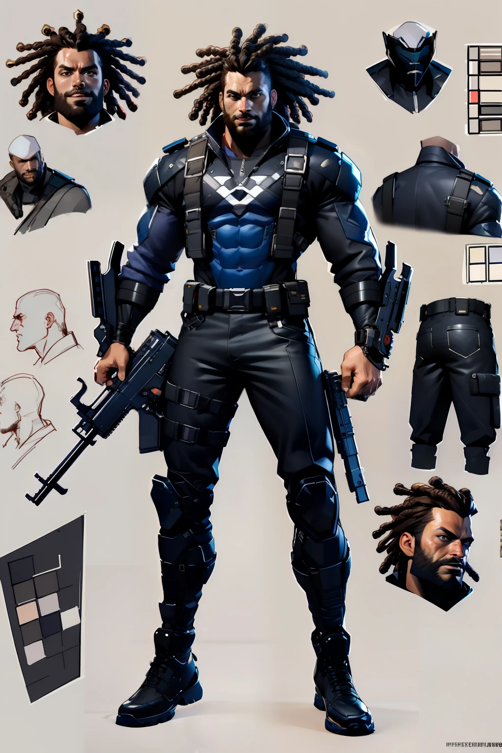 a close up of a afro man with huge dreadlocks, (character sheet) full body x-force military black outfit, 3 d character reference sheet, ((holding a machinegun)) expert high detail concept art, cyberpunk, highly detailed character, uhd character details, complete detailed body, xmen bishop, wolverine, whole body highly detailed, concept art like ernest khalimov, detailed full body concept art, full body shot hyperdetailed