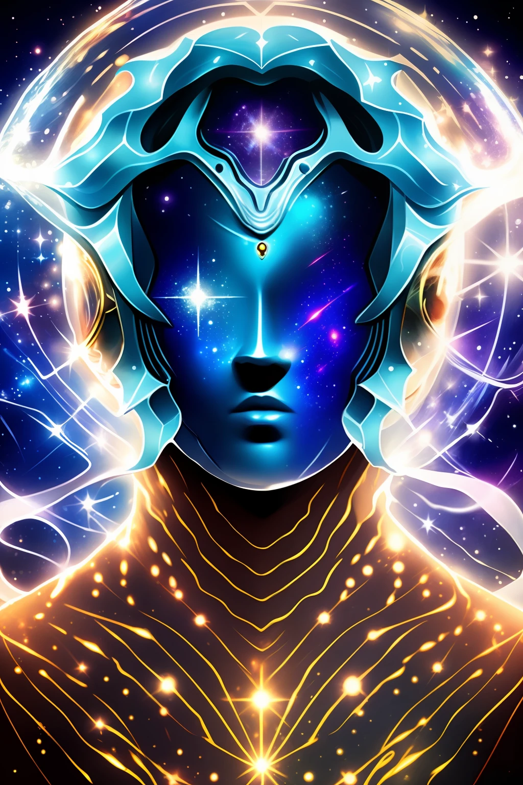 Ghostly portrait of a futuristic alien from another dimension creator of the universe with powerful ancient magic unknown dimension