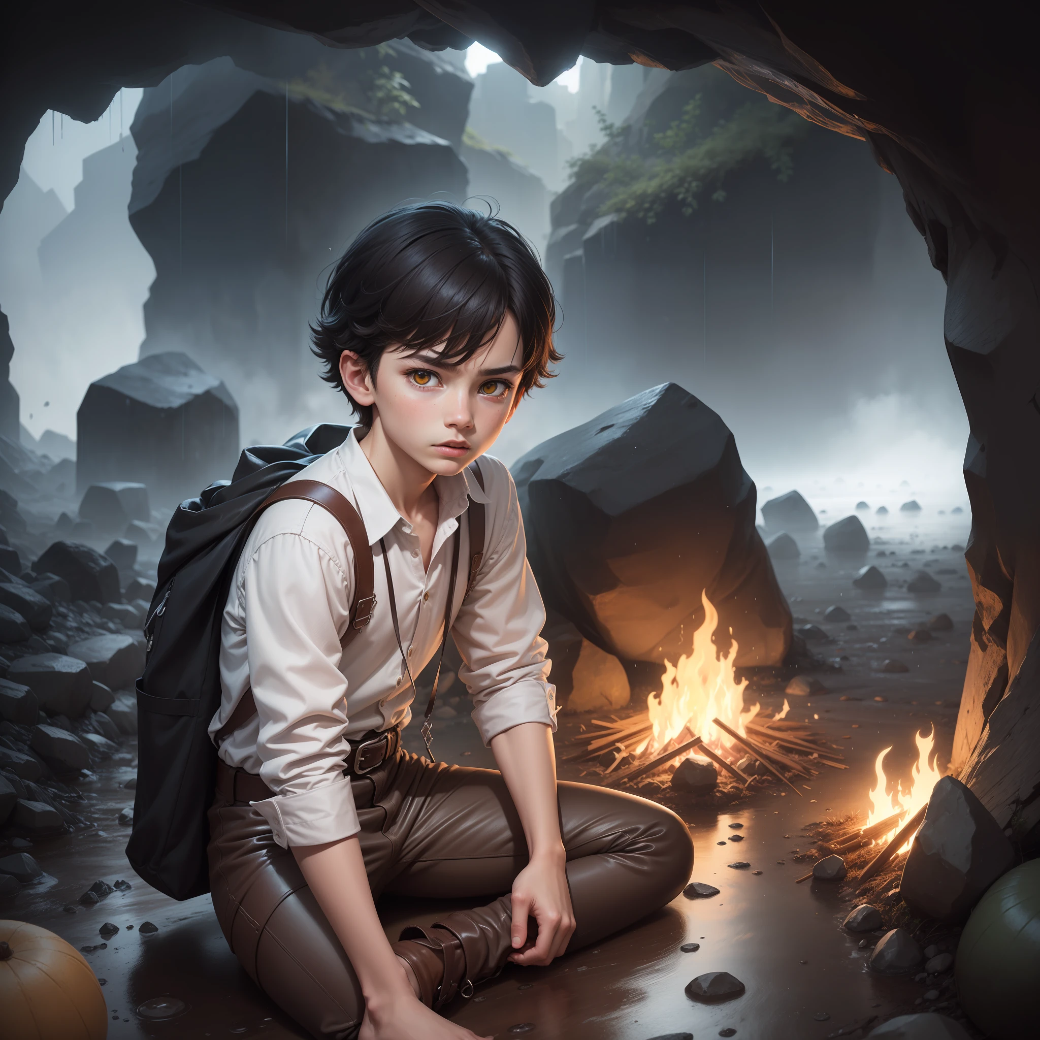 High quality realistic Anime style, high definition high quality realistic, shaded, photorealism, Ray tracing, 8k, uhd, masterpiece,  male kid (und 9yo) alon young small body, peasent medieval clothes white shirt with belts and brown leather pants, dirty clothes, black hair, distinguish and strong colored yellow eyes, sitting holding his ones, with cold, on a crystal  cave, strong rain, dark mood, strong tempest, serious and lost expression. Stone cave surrounded by rain, bonfire, night time,