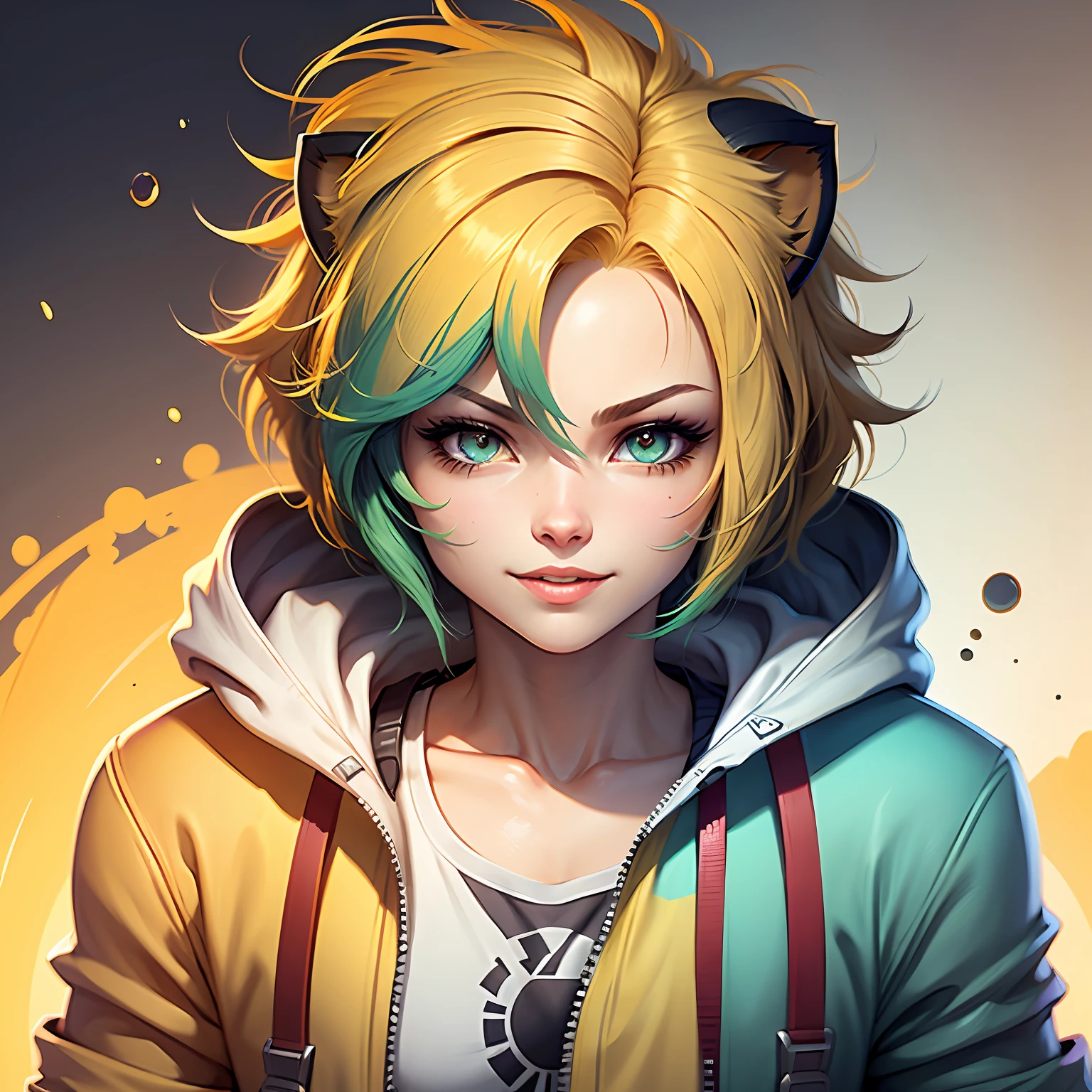 c4tt4stic, A lion with colorful eyes and a perky smile in jacket (extremely detailed CG unity 8k wallpaper, best quality, ultra-detailed image, excellent illustration, extremely graceful and beautiful, high resolution, dynamic viewing angle, dynamic pose, blue eyes, (multicolored hair + silver hair: 1.3 + red hair 1.2 + purple hair + yellow hair: 1.3 + green hair),"