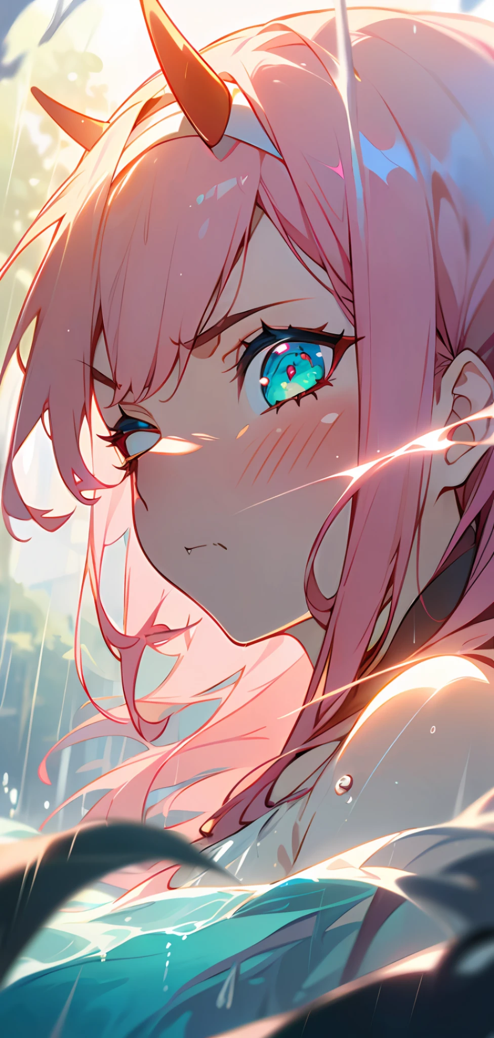 (Two-dimensional animation style: 1.4), (Japanese animation: 1.9), HD, (golden lighting: 1, 4), white skin, full picture bright, horn, (clear eyes), white sunlight, hair glowing (((falling rain: 1.2), sunlight, sun, waves, (water surface), close up, magnifying eyes, glowing eyes, long pink hair, clear eyes, eyes close-up, eye close-up, prayer, looking at the girl from the side, side, holy light, (transparent clothes), underwater, bubbles, (water divergence), (air divergence), serious 😠, eyes open, eyes closed zero two \ (dear in Franks), dear in Franks, 1 girl, bangs, bite, shadow, green eyes