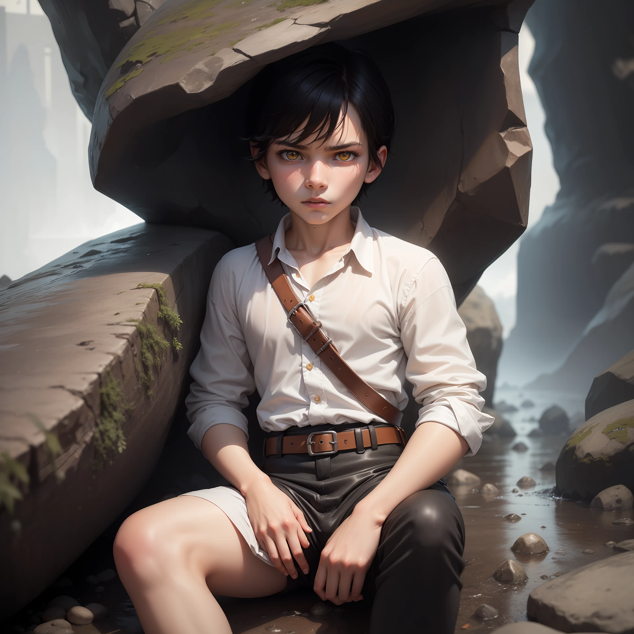 High quality realistic Anime style, high definition high quality realistic, shaded, photorealism, Ray tracing, 8k, uhd, masterpiece,  male kid (und 9yo) alon young small body, peasent medieval clothes white shirt with belts and brown leather pants, dirty clothes, black hair, distinguish and strong colored yellow eyes, sitting holding his ones, with cold, on a crystal  cave, strong rain, dark mood, strong tempest, serious and lost expression. Stone cave surrounded by rain, bonfire, night time,