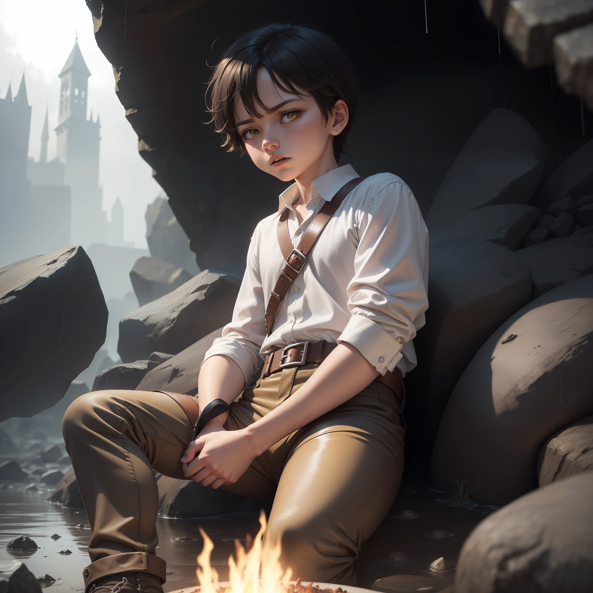 High quality realistic Anime style, high definition high quality realistic, shaded, photorealism, Ray tracing, 8k, uhd, masterpiece, small male ??? (around 9yo) alone, young small body, peasent medieval clothes white shirt with belts and brown leather pants, dirty clothes, black hair, distinguish and strong colored yellow eyes, sitting holding his ones, with cold, on a crystal cave, strong rain, dark mood, strong tempest, serious and lost expression. Stone cave surrounded by rain, bonfire, night time,