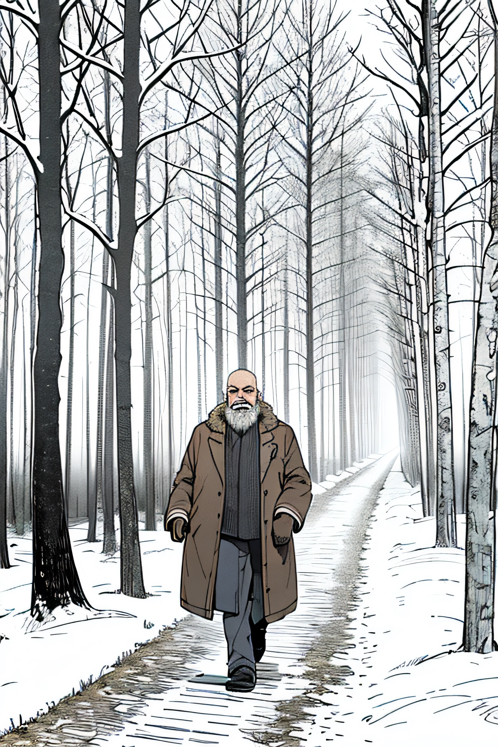 The stage is dim, snow falling in a gentle flurry. A solitary figure, a middle-aged man wrapped in worn furs, trudges determinedly on a wide path (the width of a road) through a thick forest . His face has stubble for a beard, his hair mid-length. The man has a walking stick, though he is in good health and shape and doesn't need it to walk - it merely helps for the long distances he travels. The man travels alone, and the path - though it is most definitely a path, and trodden - has not seen too many travelers recently.