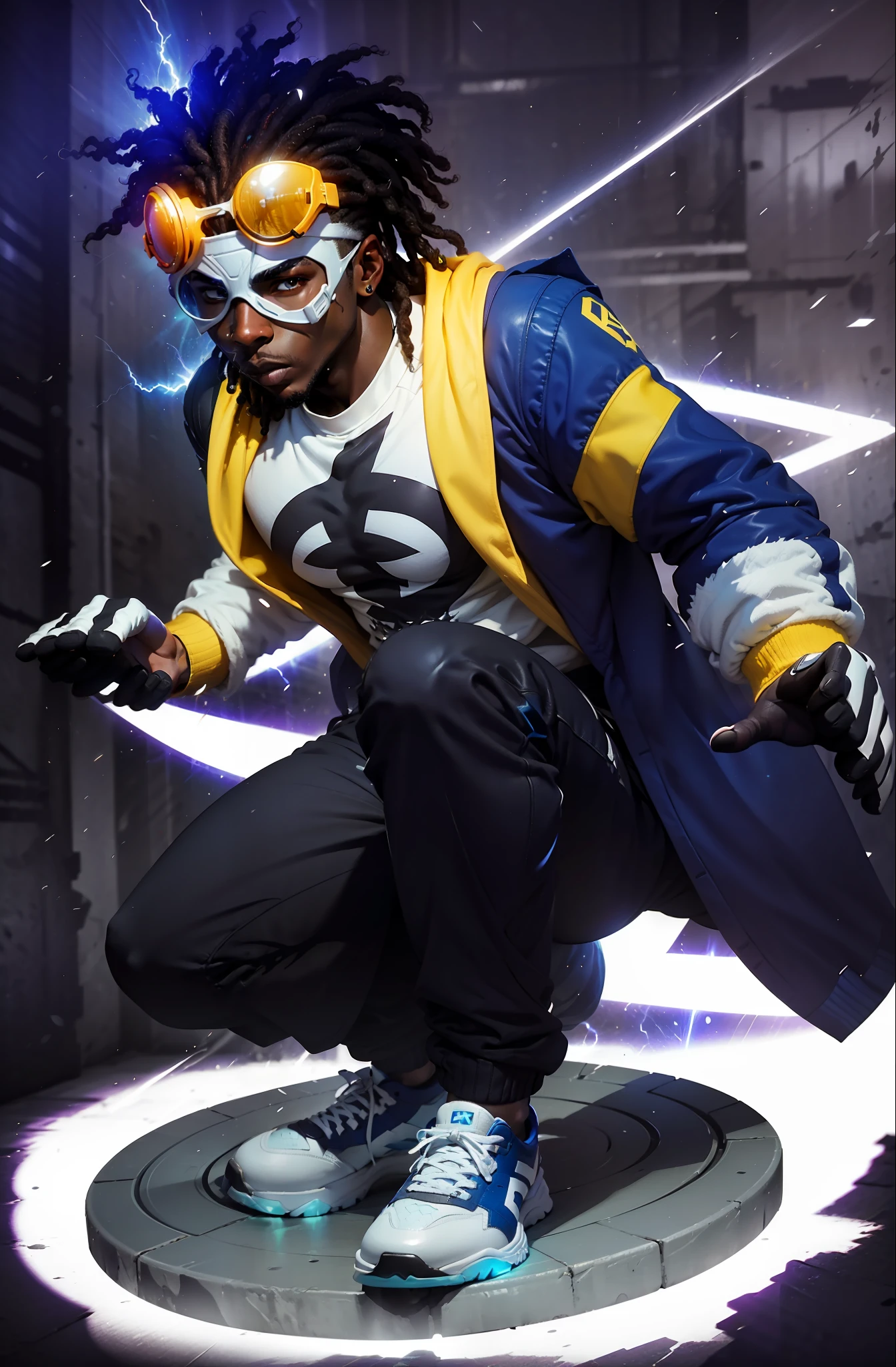 Super shock, young black man with dreads hair, white mask in his eyes, yellow glasses over his forehead, blue bathrobe with yellow details, white shirt underneath, lightning symbol on his chest, black pants, black sneakers with white tip, purple colored rays coming out of a disc below his feet, unreal engine 5, 8k.