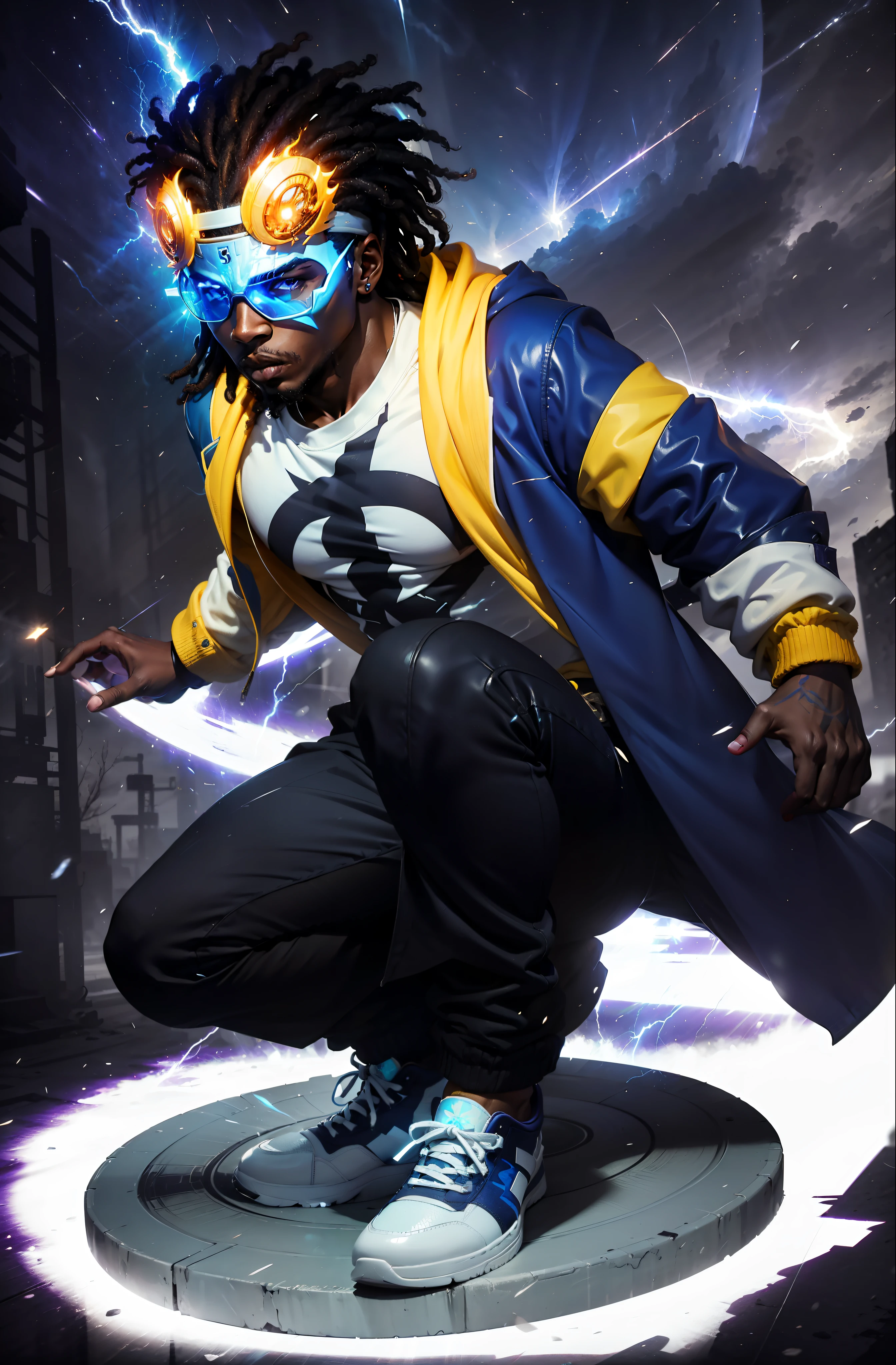 Super shock, young black man with dreads hair, white mask in his eyes, yellow glasses over his forehead, blue bathrobe with yellow details, white shirt underneath, lightning symbol on his chest, black pants, black sneakers with white tip, purple colored rays coming out of a disc below his feet, unreal engine 5, 8k.