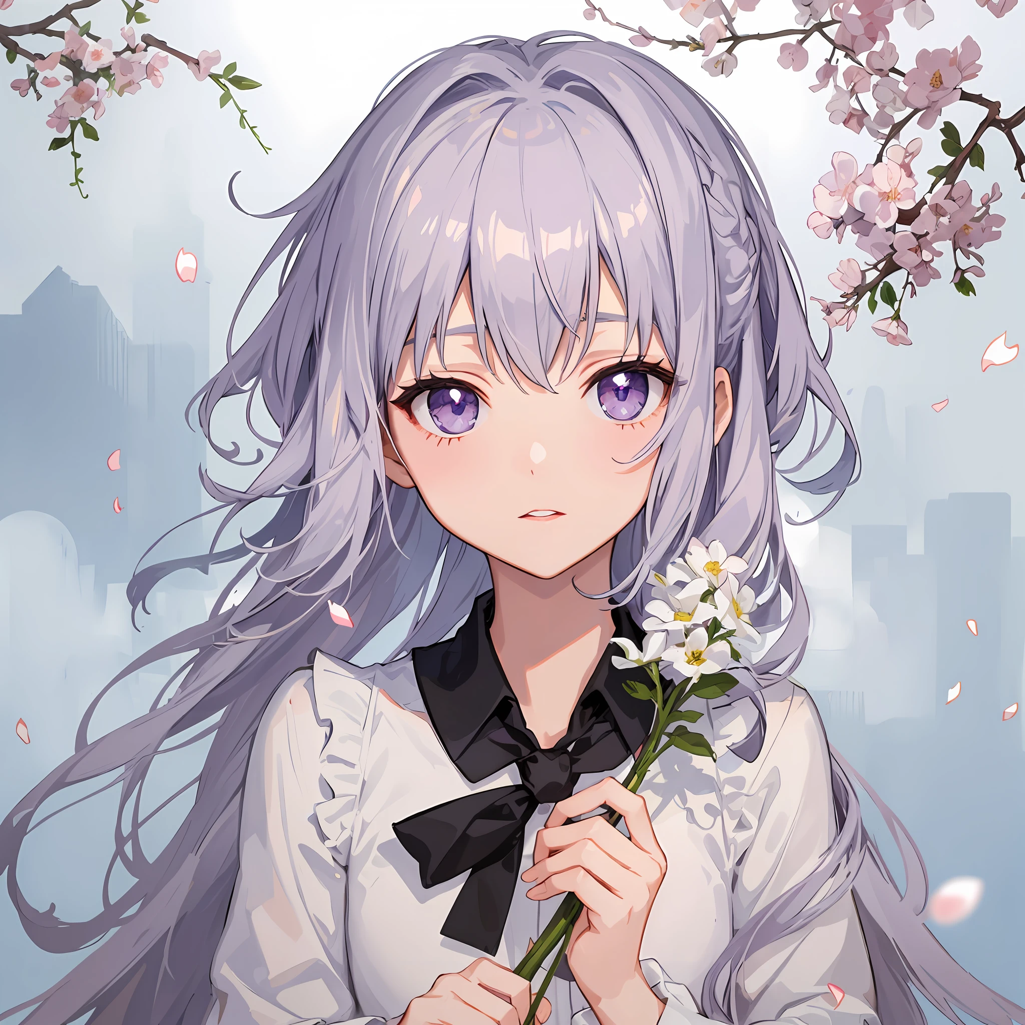 Long hair anime girl holding clock and flowers, anime moe art style, purple hair, silver hair, purple eyes, thin frame eyes