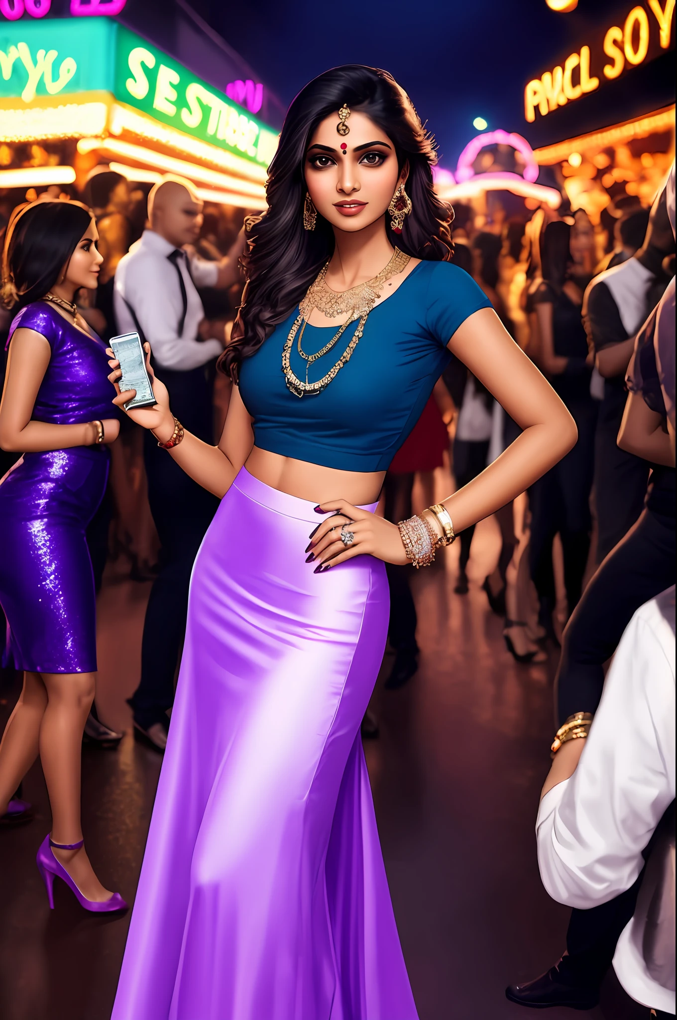 Sure! Here's an optimized prompt based on the given description:
"A seductive Indian girl, sexy face.adorned with exquisite jewelry, wearing a light sky blue top and light purple raffle skirt . Showcasing her legs in a realistic and highly detailed manner, she poses alluringly in front of the camera.In disco bar night scene lot of crowd. Sexy poses