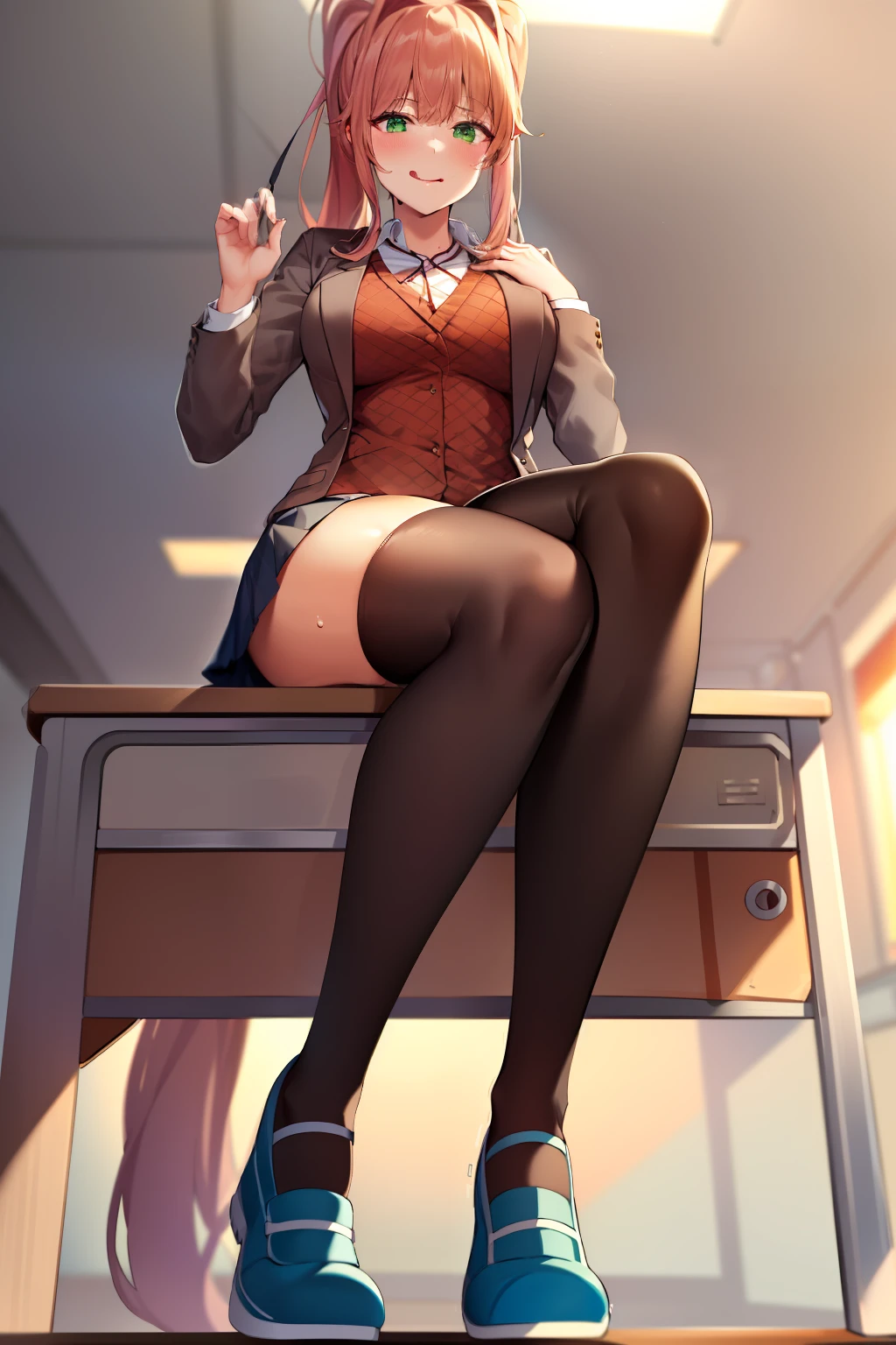 2d, masterpiece, best quality, anime, highly detailed, 1girl, solo, monika, green eyes, very long hair, ponytail, school uniform, straight-on, smile, (full body:1.5), giantess, smile, (from below:1.5), thick thighs, looking down at viewer, upskirt, (large breasts:1.3), field, (looming:1.3), mature female, high quality, hd quality, masterpiece, photorealistic, (presenting foot, shoe soles, close-up foot:1.3), intense angle, :d, (sitting on desk:1.6), very low angle, female pervert, toragao, (sitting:1.5), (white undershirt, orange sweater:1.2), (brown jacket:1.4), (absolute territory, black thighhighs:1.4), (uwabaki:1.5), full body in frame, (classroom, indoors:1.3), clasroom desk, blue skirt, (hand on desk:2), (one hand at side:1.6), (licking lips, licking own lips:1.1), (sweat:1.2),