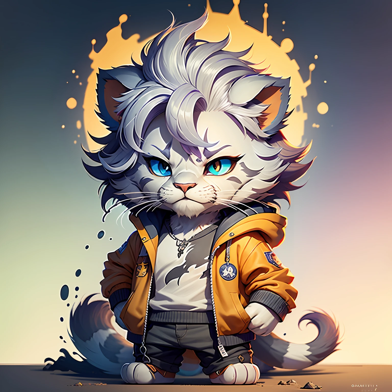 c4tt4stic, A lion with colorful eyes and a perky smile in jacket, animal, standing in full growth (extremely detailed CG unity 8k wallpaper, best quality, ultra-detailed image, excellent illustration, extremely graceful and beautiful, high resolution, dynamic viewing angle, dynamic posture, blue eyes, (multicolored hair + silver hair: 1.3 + red hair 1.2 + purple hair + yellow hair: 1.3 + green hair), "