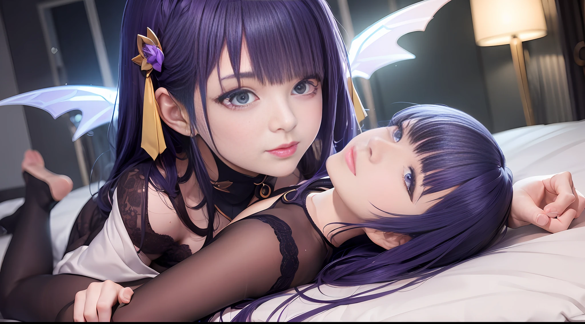 1girl, kai'sa, League of legends, Casa, face painting, Purple wings, racy underwear, dark purple hair, Purple eye, Blushing expression, Intense glare, Lying on your back in bed (dynamic position), (Wings of the Void), Weapon, //masterpiece, Extremely Detailed CG Unity 8k Wallpaper, best qality, 32k, Focus Clear, cyber city, neon lighting, aperture, Void Realm Kaiser --auto