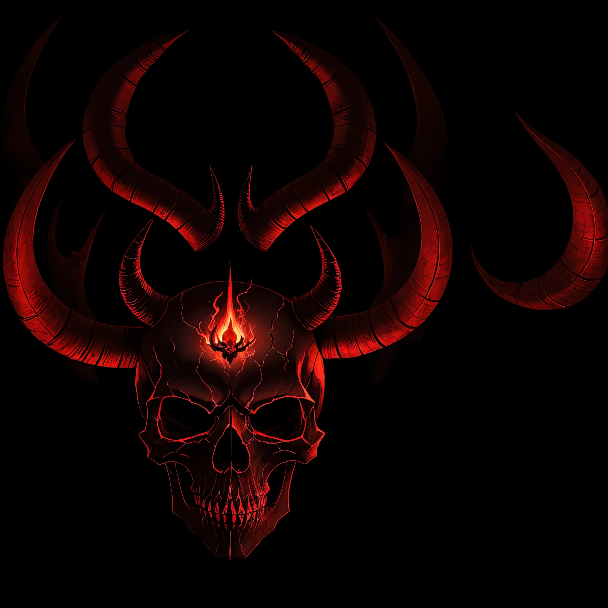 Black background with red tones, skull with horns centered, dramatic and tense lighting --auto