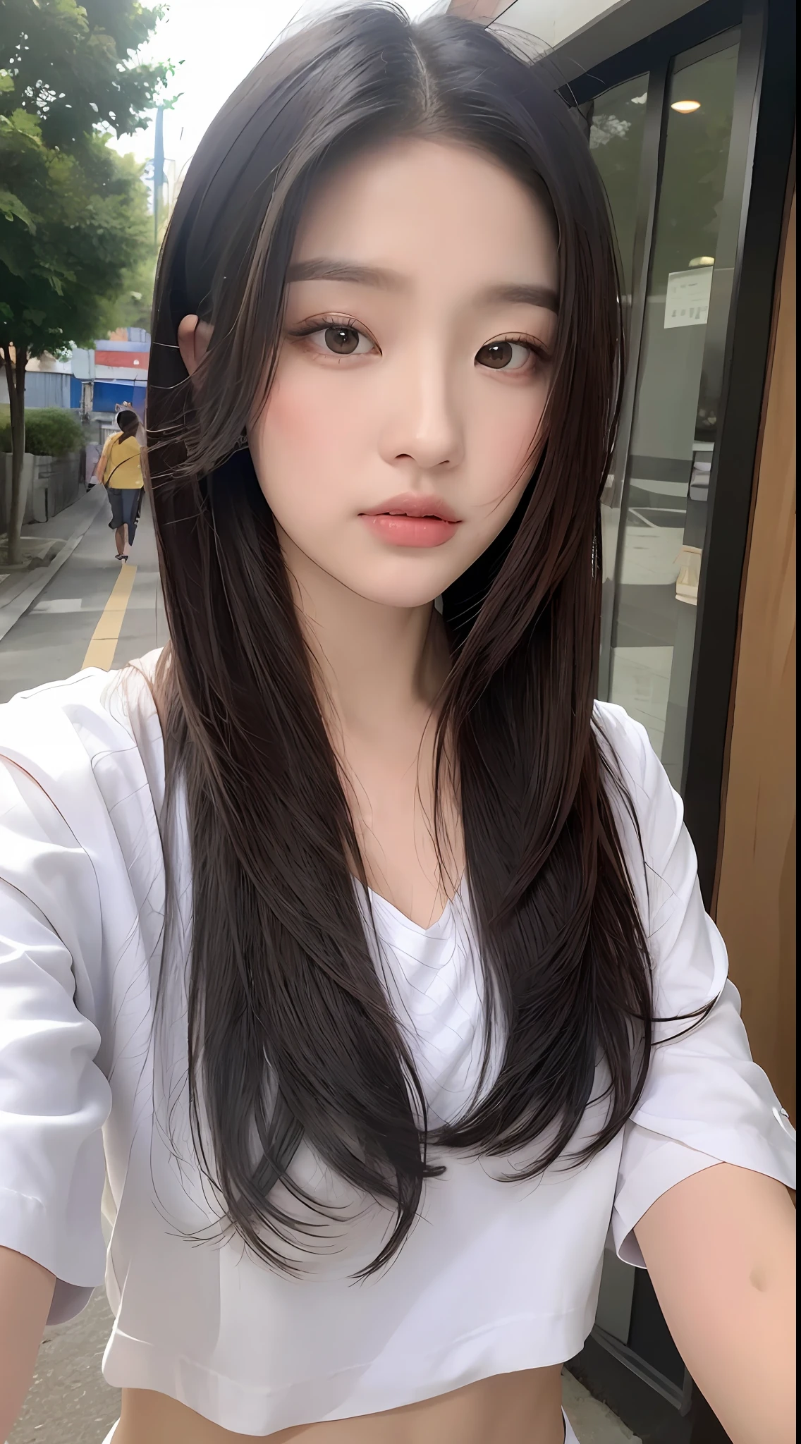 ((Best Quality, 8K, Masterpiece: 1.3)), Sharp: 1.2, Perfect Body Beauty: 1.4, Slim Abs: 1.2, ((Layered Hairstyle, :1.2)), (White Button Short Sleeve Shirt: 1.1), (Street: 1.2), Wet: 1.5, Highly detailed face and skin texture, Fine eyes, double eyelids, looking at the camera