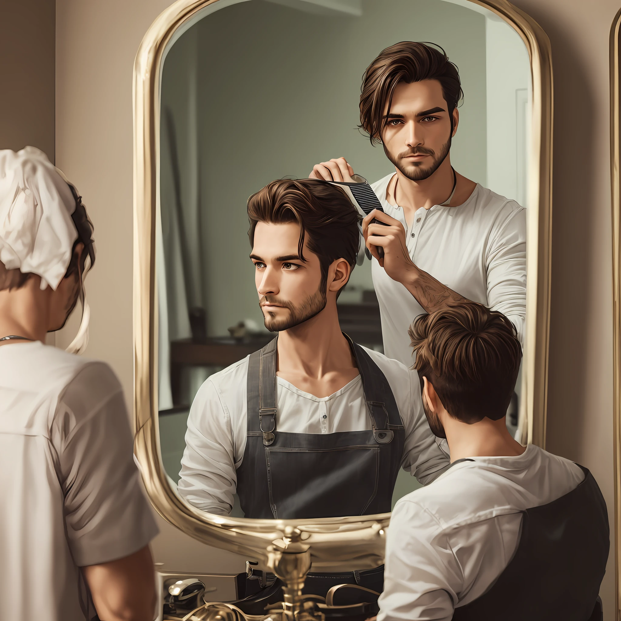 Looking over his shoulder through the mirror with hair being cut --auto