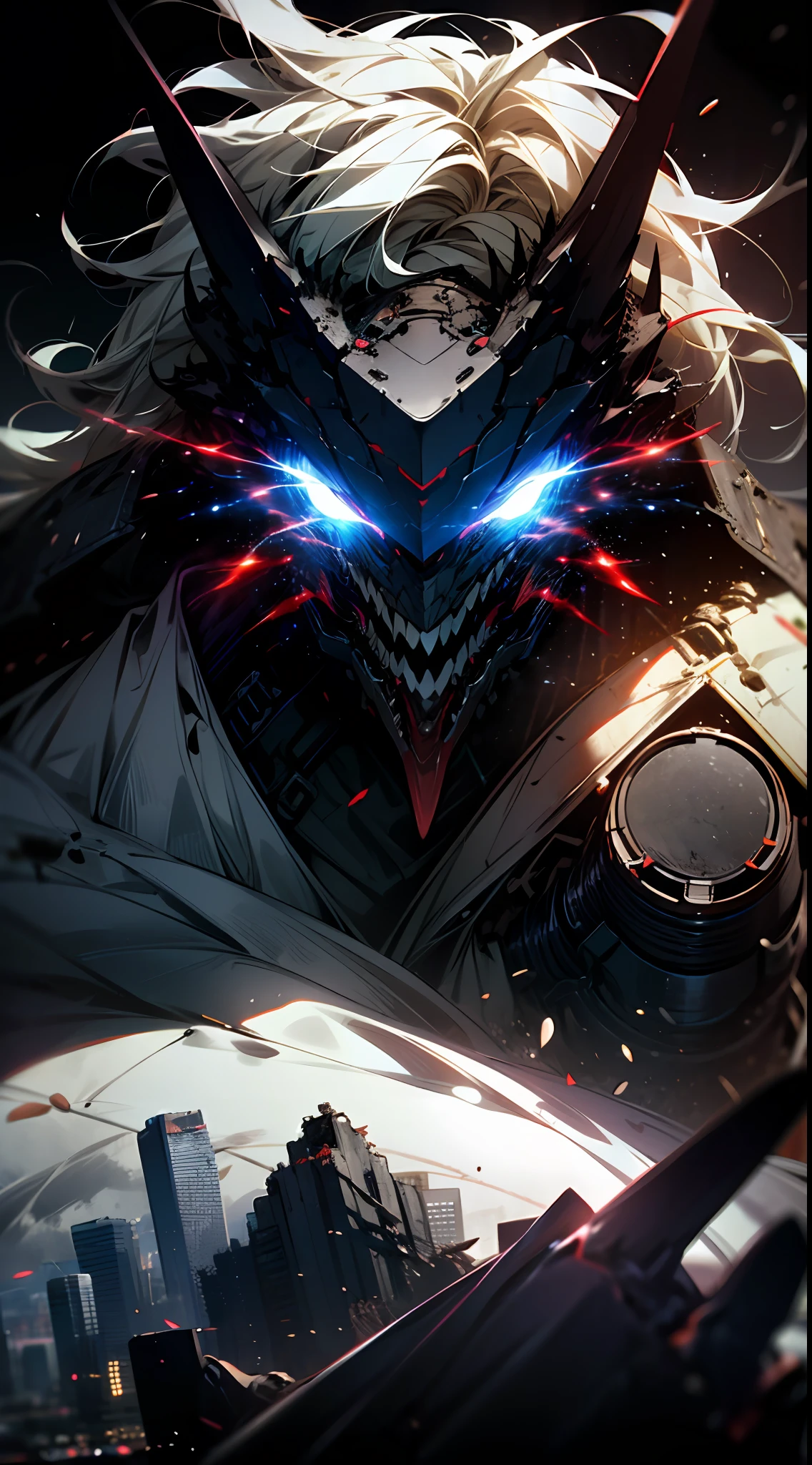 Anime humanoid monster, character design,wearing a futuristic mouth mask,grin,boy,maniac,deranged look,messy unkept hair,hair covering right eye, vibrant eye color,red and blue eyes,(white hair), close up shot, creating a crack in reality, powerful aura, destroyed city, very dark,night,8k,64k, HD, unparalleled masterpiece, dynamic lighting, cinematic, epic