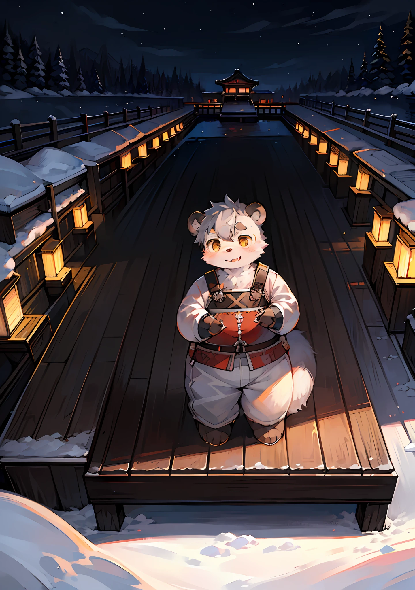 masterpiece, high quality, abstract res, digital painting\(artwork\), by dagasi, yupa, kiyosan, (anthro, fluffy fur, character focus:1.1), anthro male panda, short hair, portrait, night, snow, Bright eyes, panoramic views, Japanese garden by the pool, outdoors, character focus. (Detailed background: 0.7), solo, furry, furry male, panda, obese, male focus, anthr, (full body fur, fluffy tail, short tail, white fur, golden eyes, gray hair), (carnivore bears, samurai), white top, white trousers, standing