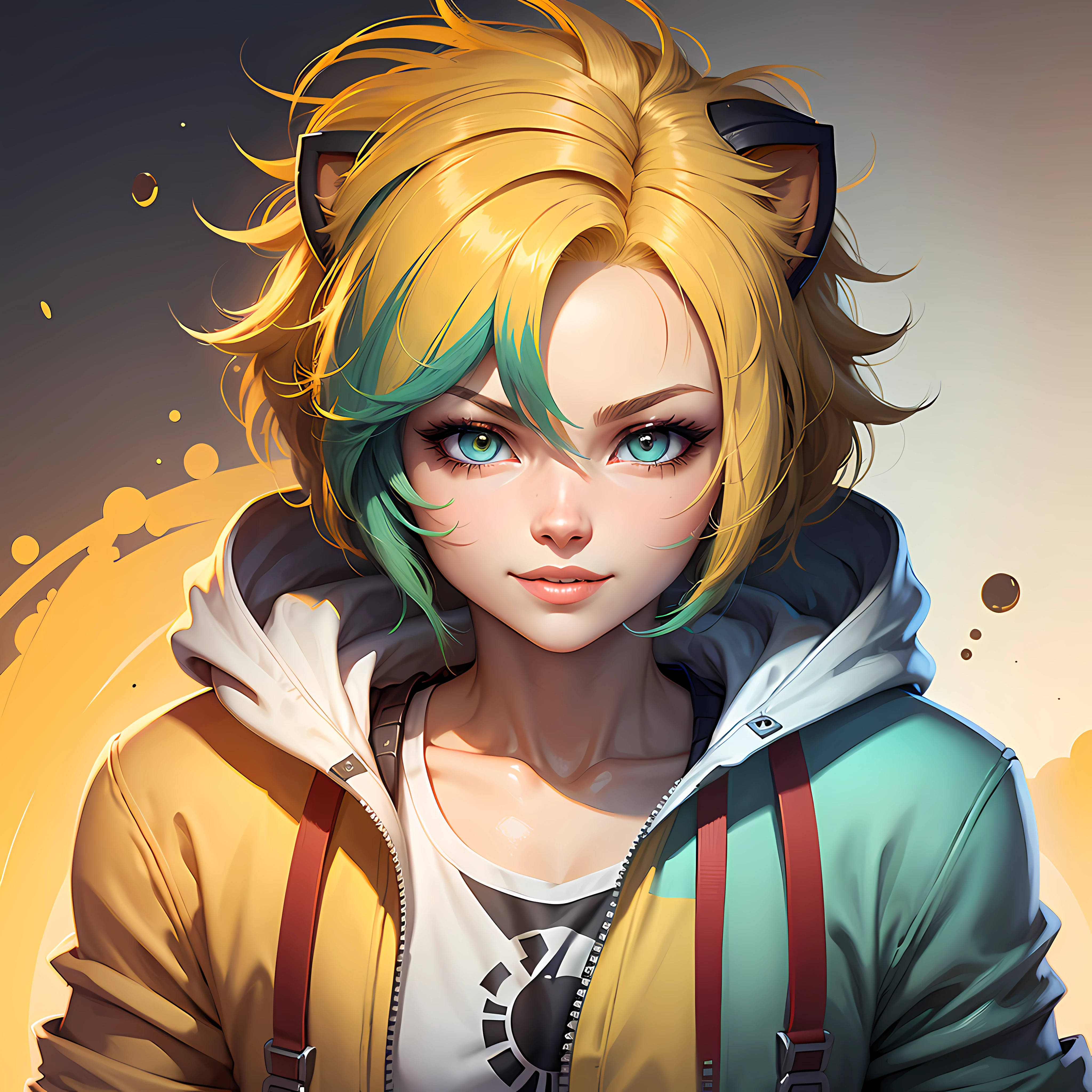 c4tt4stic, A lion with colorful eyes and a perky smile in jacket (extremely detailed CG unity 8k wallpaper, best quality, ultra-detailed image, excellent illustration, extremely graceful and beautiful, high resolution, dynamic viewing angle, dynamic pose, blue eyes, (multicolored hair + silver hair: 1.3 + red hair 1.2 + purple hair + yellow hair: 1.3 + green hair),"