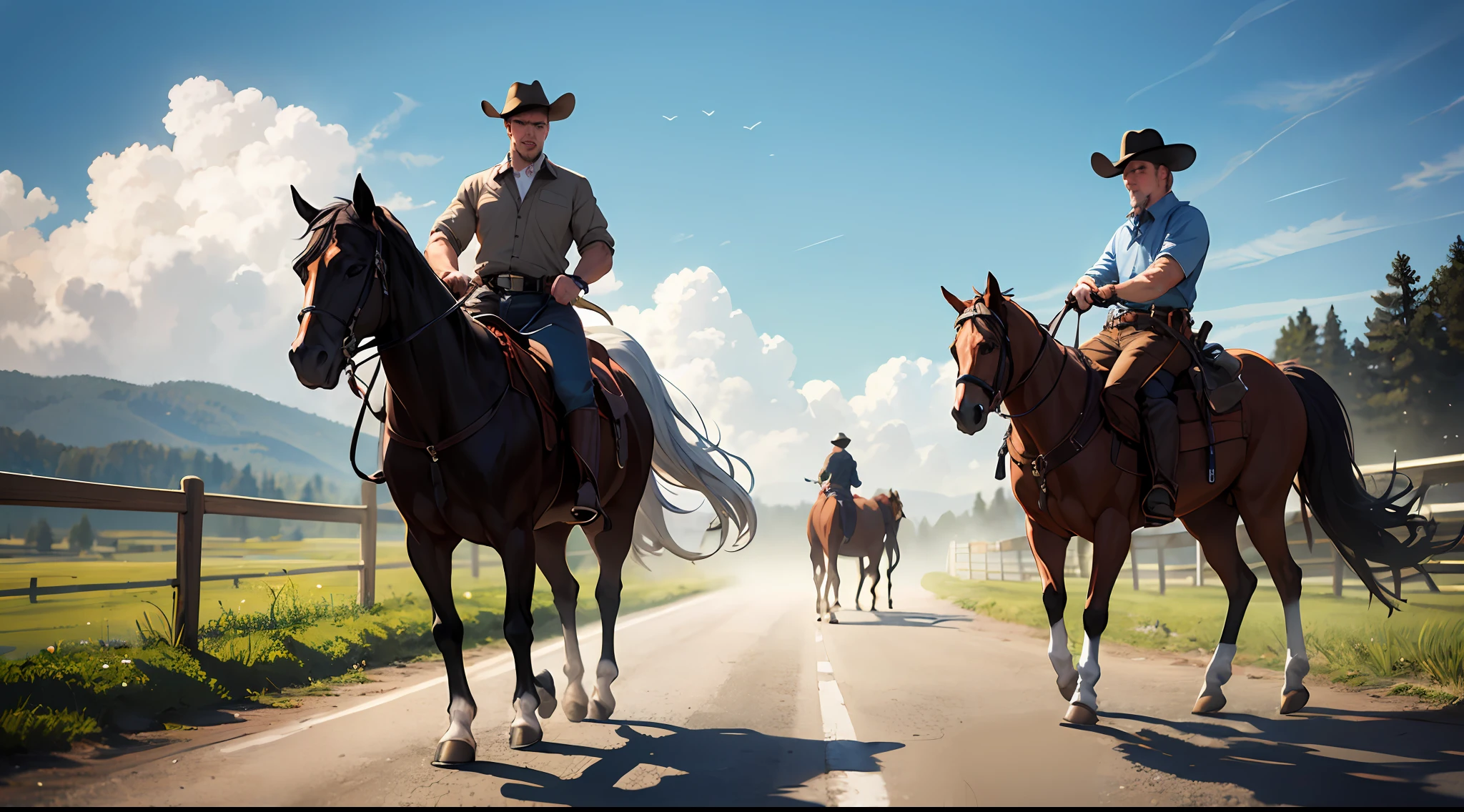 1 cowboy taking his horse down the road, ((hat, belt, silver buckle, leather boots)), ((strong man))