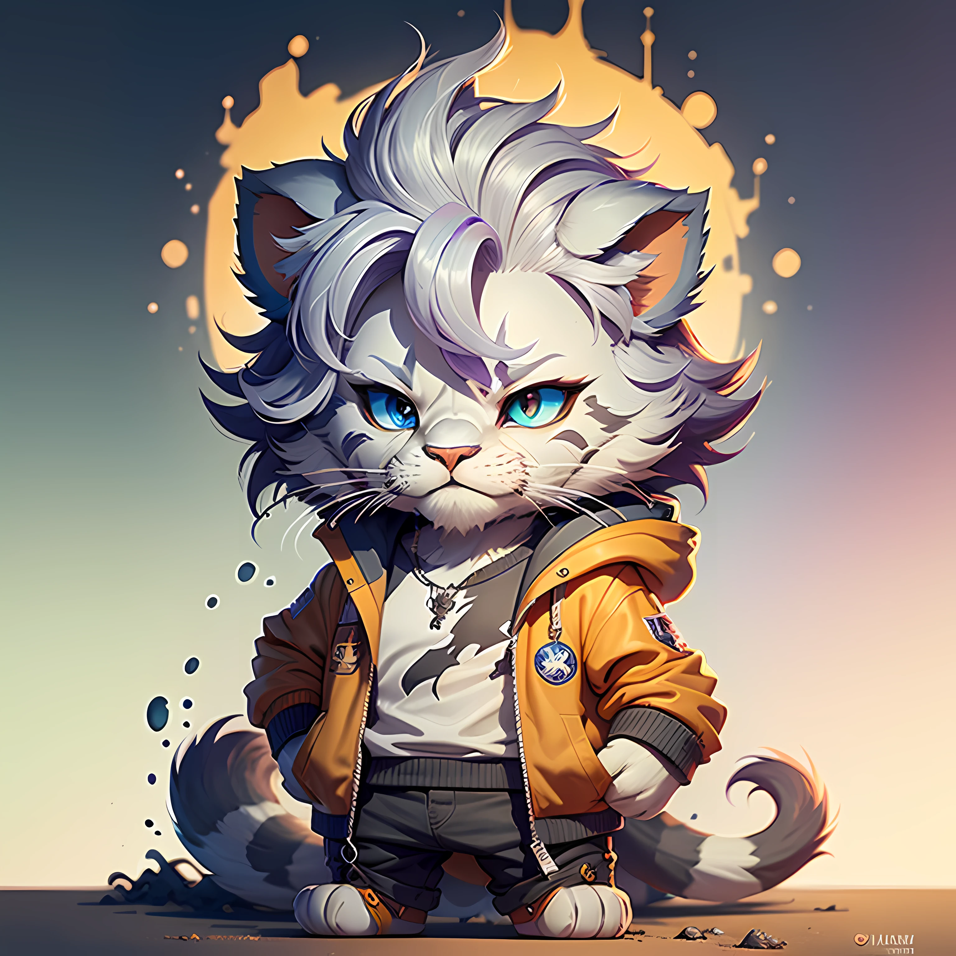 c4tt4stic, A lion with colorful eyes and a perky smile in jacket, animal, standing in full growth (extremely detailed CG unity 8k wallpaper, best quality, ultra-detailed image, excellent illustration, extremely graceful and beautiful, high resolution, dynamic viewing angle, dynamic posture, blue eyes, (multicolored hair + silver hair: 1.3 + red hair 1.2 + purple hair + yellow hair: 1.3 + green hair), "