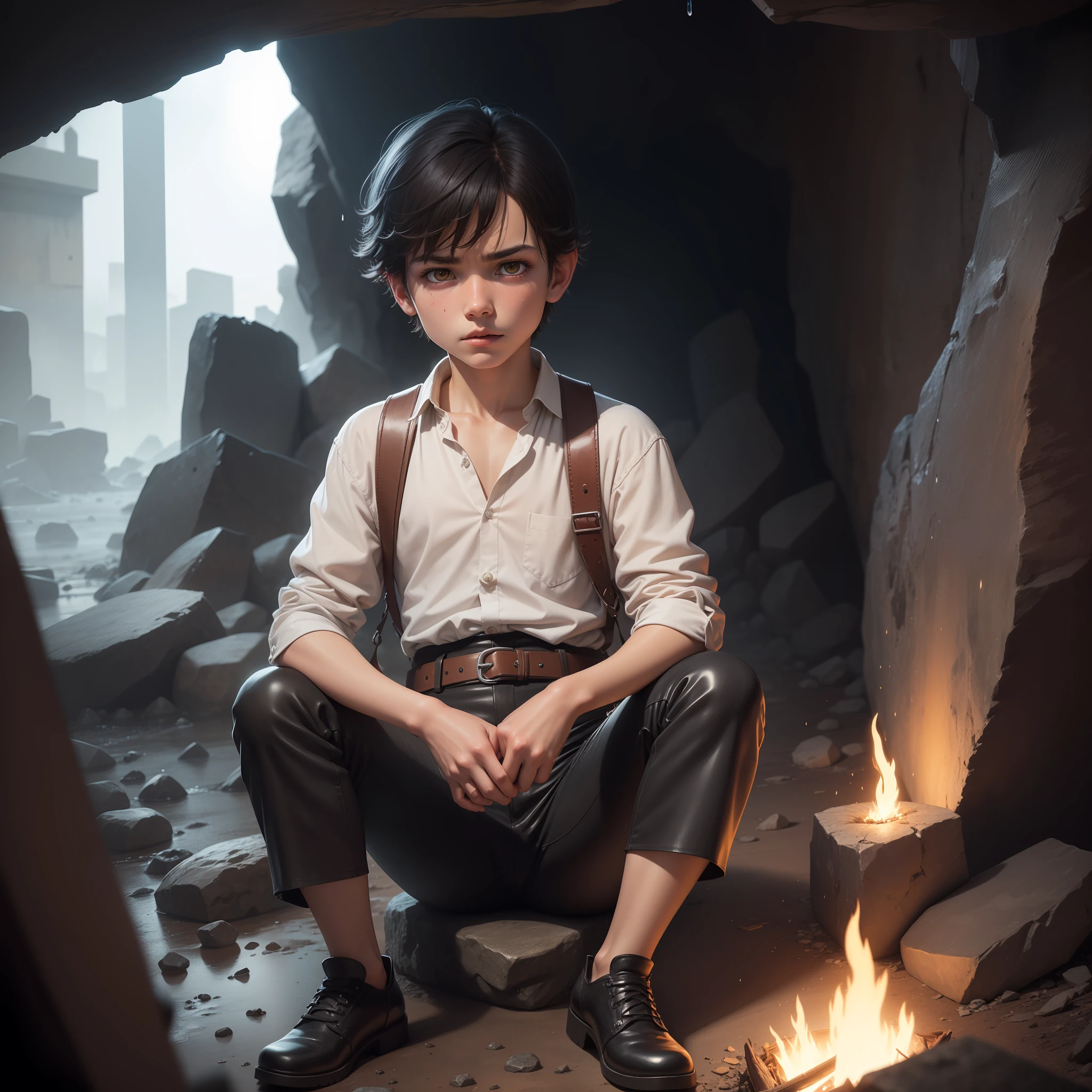 High quality realistic Anime style, high definition high quality realistic, shaded, photorealism, Ray tracing, 8k, uhd, masterpiece, small male kid (around 9yo) alone, young small body, peasent medieval clothes white shirt with belts and brown leather pants, dirty clothes, black hair, distinguish and strong colored yellow eyes, sitting holding his ones, with cold, strong rain, dark mood, strong tempest, serious and lost expression. Stone cave with Crystals surrounded by shadows, glowing crystals, bonfire