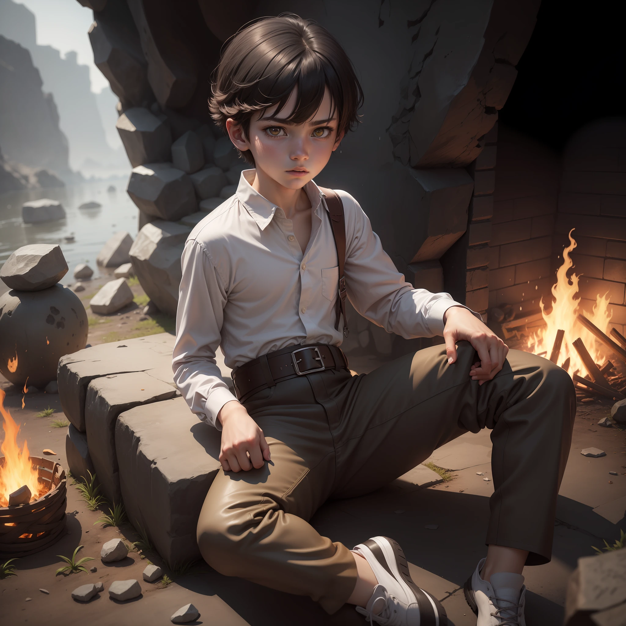 High quality realistic Anime style, high definition high quality realistic, shaded, photorealism, Ray tracing, 8k, uhd, masterpiece, small male ??? (around 9yo) alone, young small body, peasent medieval clothes white shirt with belts and brown leather pants, dirty clothes, black hair, distinguish and strong colored yellow eyes, sitting holding his ones, with cold, strong rain, dark mood, strong tempest, serious and lost expression. Stone cave with Crystals surrounded by shadows, glowing crystals, bonfire