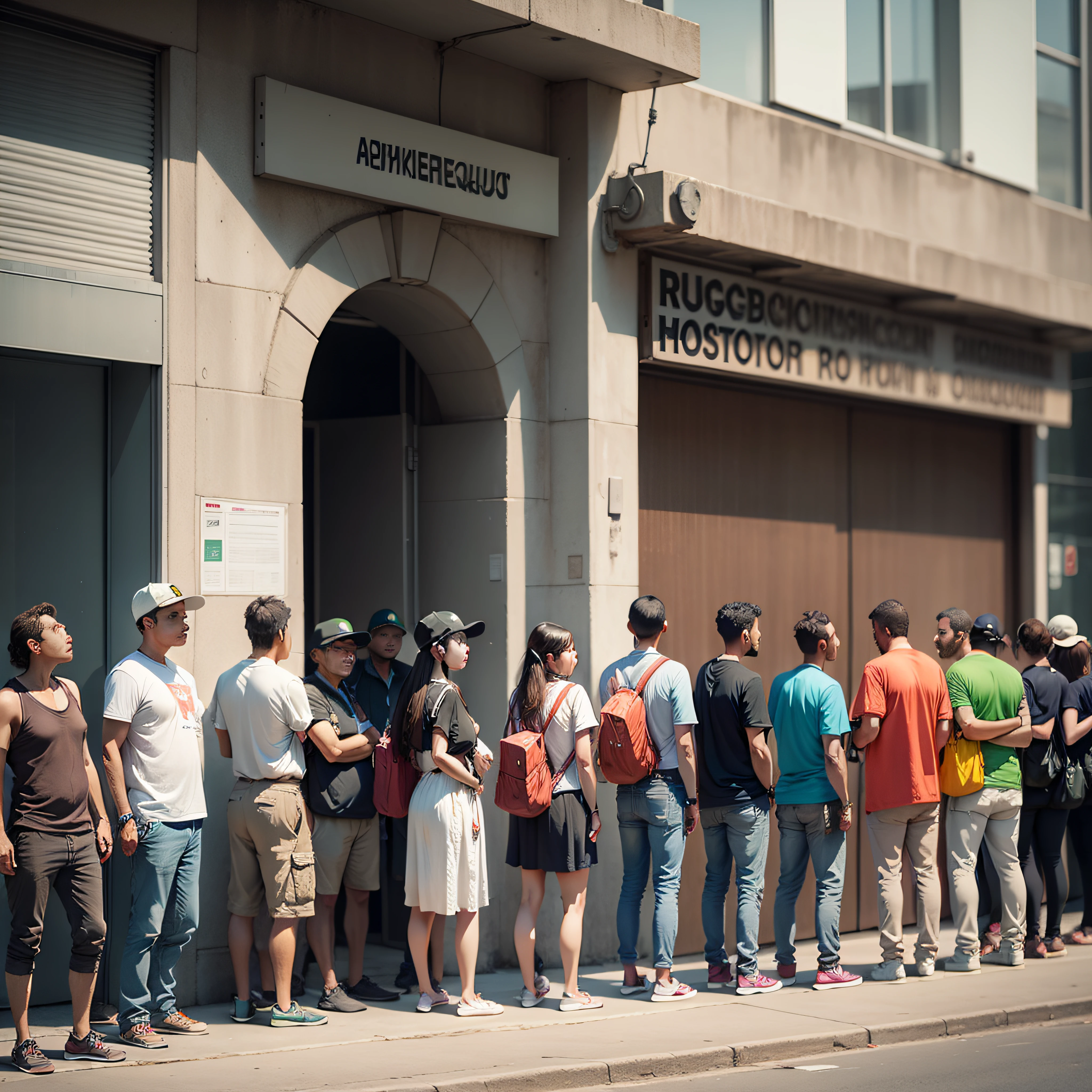 A line of Brazilians, on the street, waiting to enter a government building. They want a job opportunity. Realistic image. High definition.