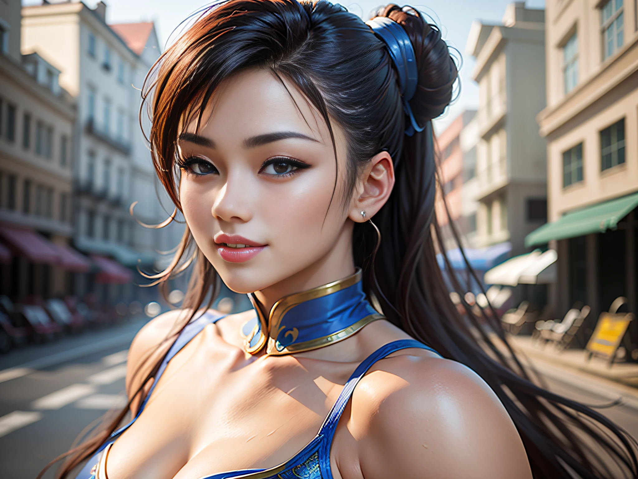 masterpiece, ultra high quality, ultra high definition, 8K, totally realistic, Chun-Li Zhang, extremely beautiful, alone, full body, highly detailed face, fully detailed eyes, perfect eyes, perfect features, very beautiful body, perfect body, cheerful smile, posing, Street Fighter V, side view, bunched up