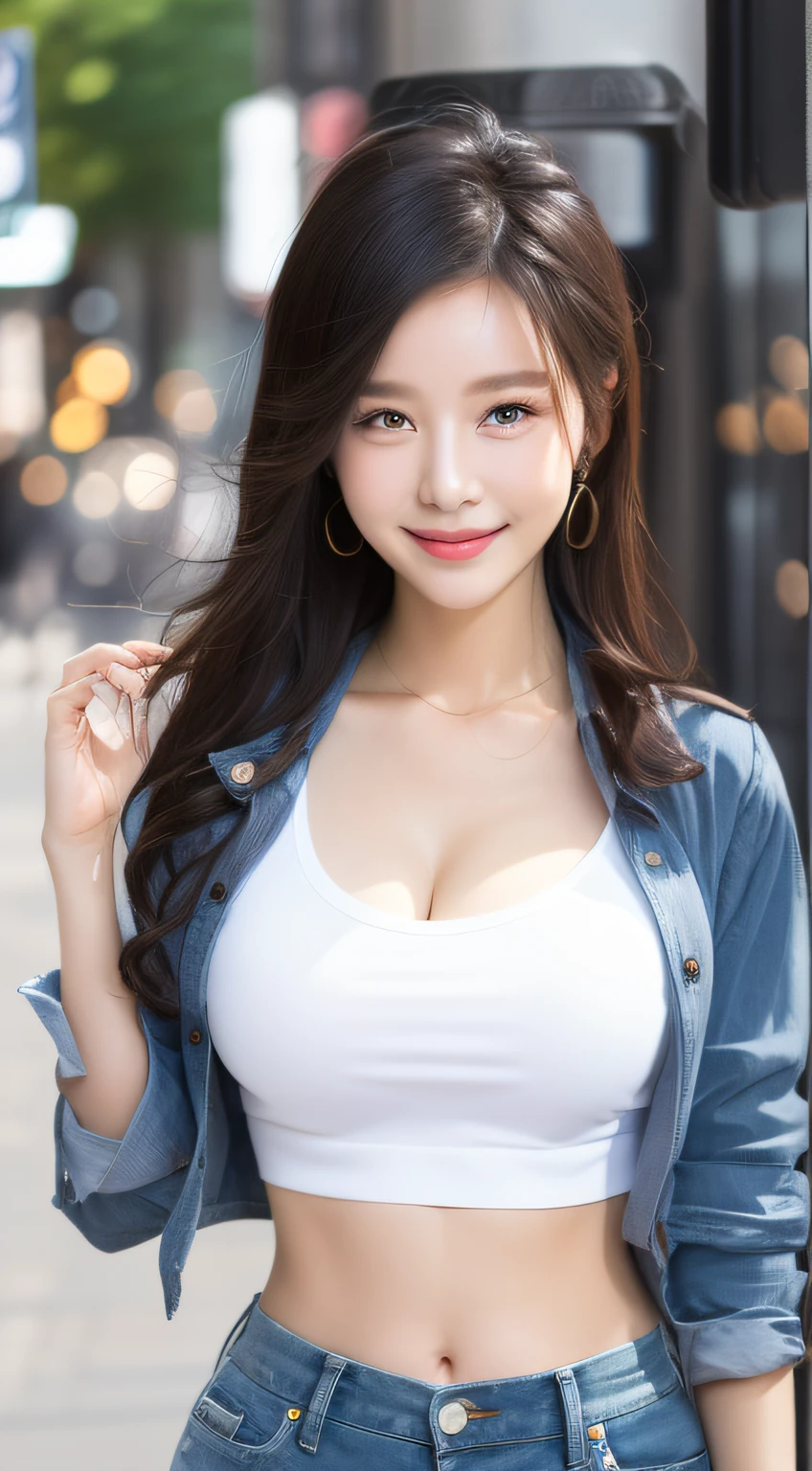 Smile, daytime, white shirt, black skin jean