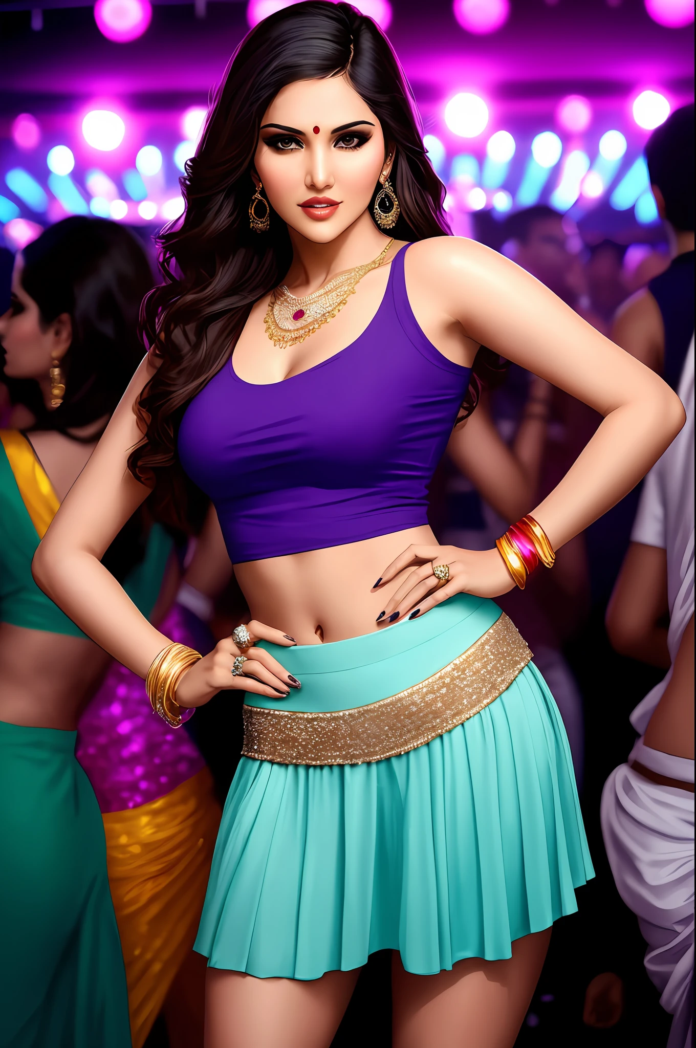 Sure! Here's an optimized prompt based on the given description:
"A seductive Indian girl sunny leone, sexy face.adorned with exquisite jewelry, wearing a light sky blue top and light purple raffle skirt . Showcasing her legs in a realistic and highly detailed manner, she poses alluringly in front of the camera.In disco bar night scene lot of crowd. Sexy poses