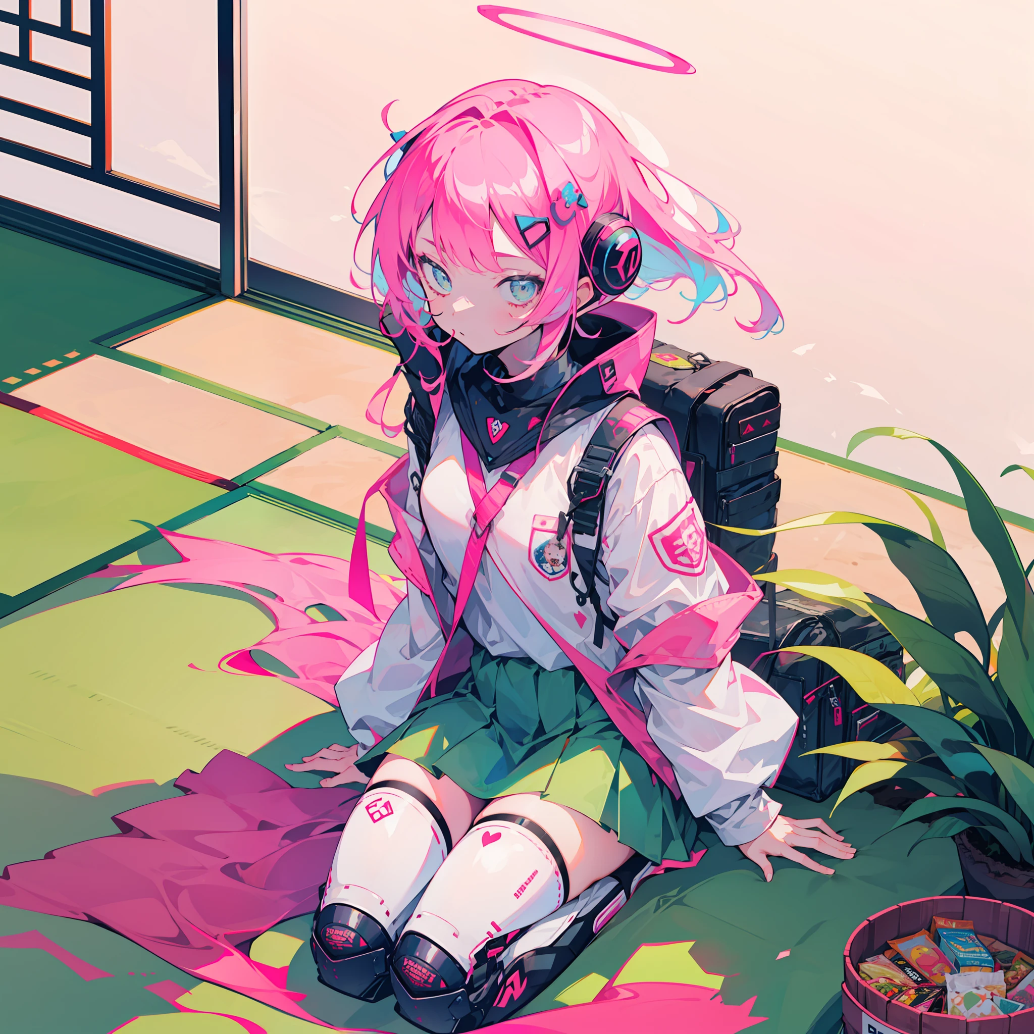 A cute loli with pink hair, duck sitting on a tatami, dull hair on the top of her head fluttering in the wind, a white shirt on her body, a strap skirt on her lower body, military knee pads at her knees, holding a shotgun, looking at the box full of snacks in front of her, her eyes shining, and the pink halo on her head highlights her identity as a student