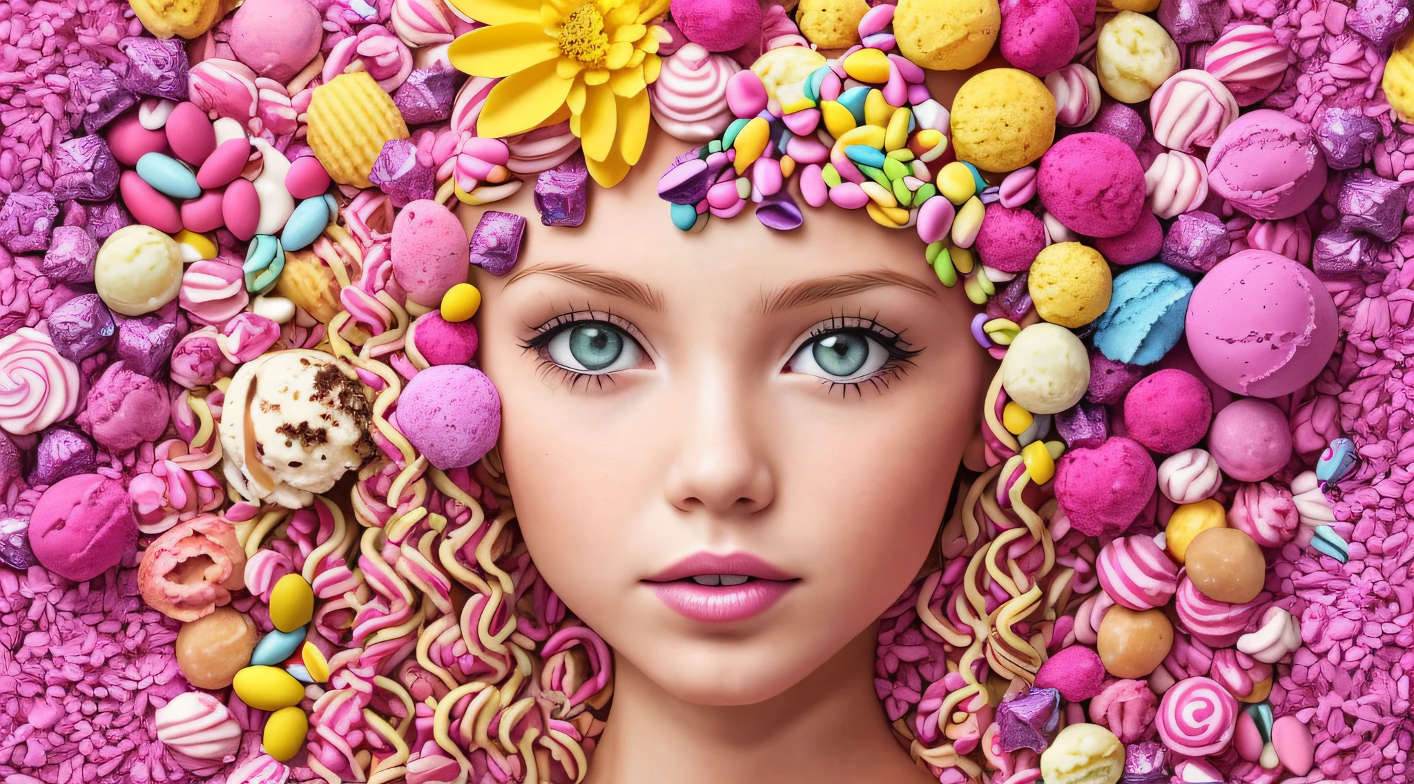 GIRL CHILD blonde with curly hair and pink shirt holding. a closeup of a group of ice creams, ice cream cones, ice cream cone, ice cream, ice cream on the side, cone shaped, cone, candy, sugar, mountains of ice cream, eat ice cream, detailed, color," eat ice cream, [colorful, photoreal," delicious, 2995599206 --auto