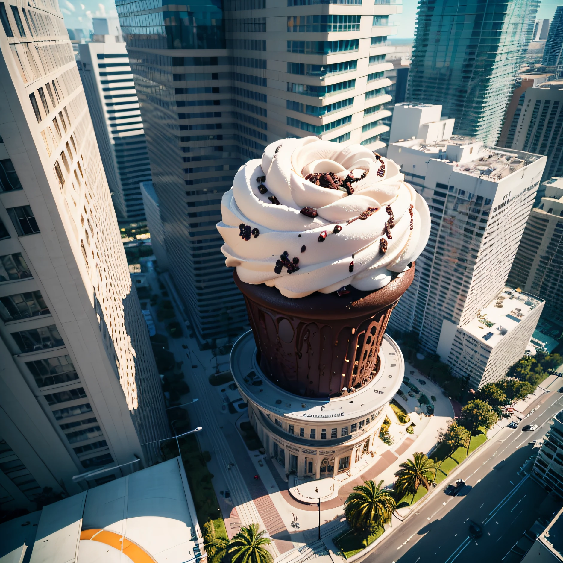 Aerial view of a giant chocolate ice cream over a Miami building