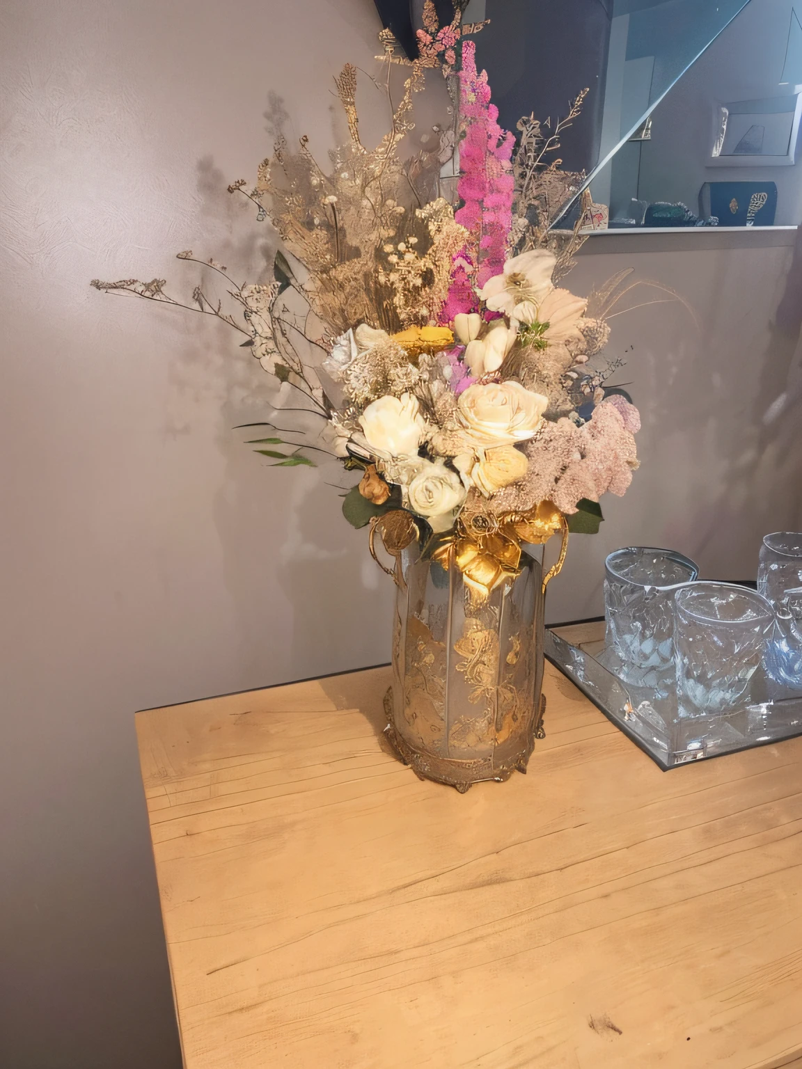 there is a vase with flowers on a table in a room, dried flowers, dried flower, made of dried flowers, gold flaked flowers, gold flowers, flowers and gold, she has a crown of dried flowers, vase with flowers, in a short round glass vase, antique piece, wilted flowers, gold floral headdress, plants in glass vase