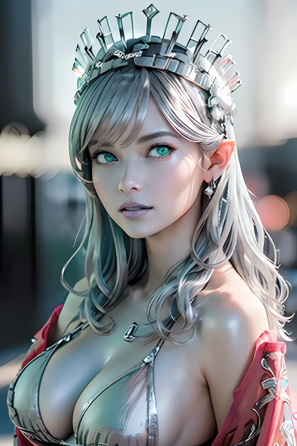 Ultra-detailed complex 3D rendering of the face, (masterpiece, top quality, octane rendering), glamour shots, full body image, very beautiful young elves, cleavage, (highly detailed skin: 1.2), (exposure: 1.1), ((((Silver micro bikini: 1.95)))). 40k, (((very soft breasts)), (((conspicuous large pink areola)), beautiful Caucasian woman with full soft breasts and white skin with big buttocks, one, long braided hair, big breasts, dynamic angle, (((huge breasts: 2.4)), ultra-realistic photo, (((((black hair)))), futuristic urban background, facial muscles, (((((detailed and glamorous silver crown)))), In the style of Marvel Comics, ArtStation Trends, Clear Focus, Intricate Detail, Very Detailed, Detailed Green Eyes, Very Detailed, Sharp Focus, Digital Rendering, Professional, Abs, Lip Gloss, Glossy Skin, Sexy Pose, Shot with Canon EOS R 6,