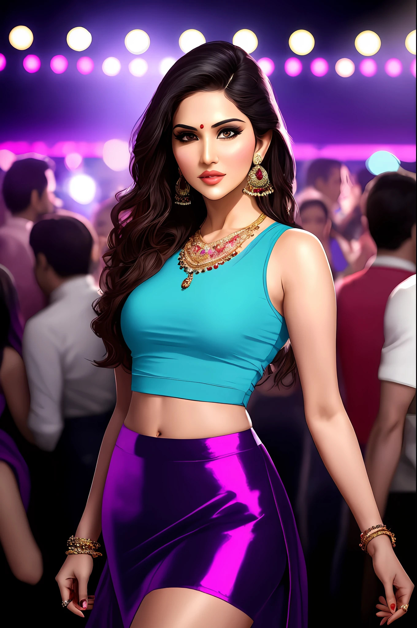 Sure! Here's an optimized prompt based on the given description:
"A seductive Indian girl sunny leone,  sexy face.adorned with exquisite jewelry, wearing a light sky blue top and light purple raffle skirt . Showcasing her  legs in a realistic and highly detailed manner, she poses alluringly in  front of the camera.In disco bar  night scene lot of crowd. Sexy poses