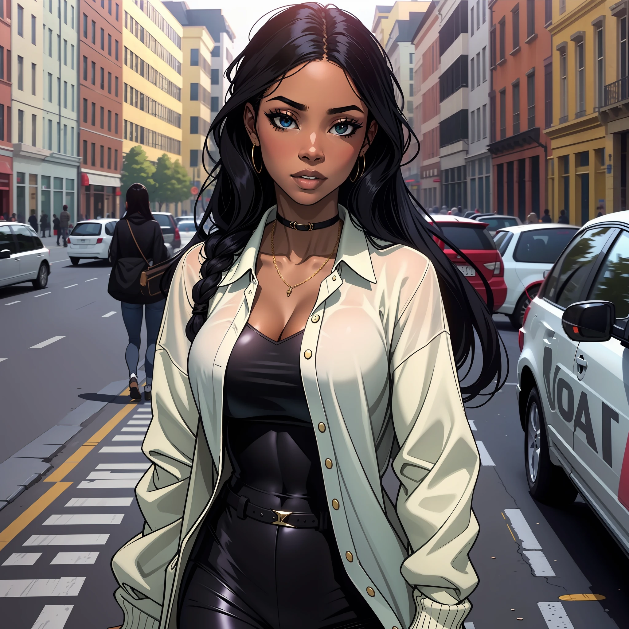 Black woman, dressed, on the street, long hair