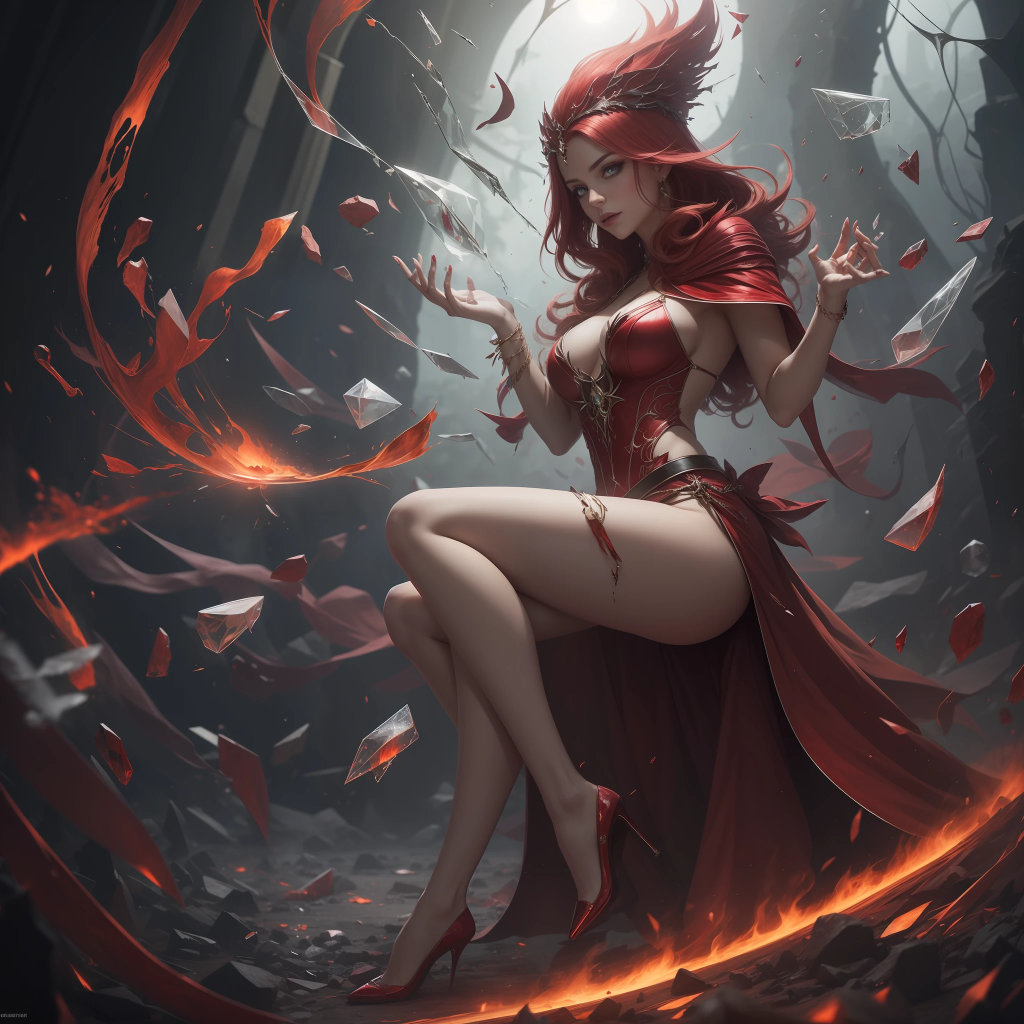 Scarlet sorceress, using magic on a poster, with broken glass, at a side angle, full body, intense red colors, UHD quality, 4K resolution.