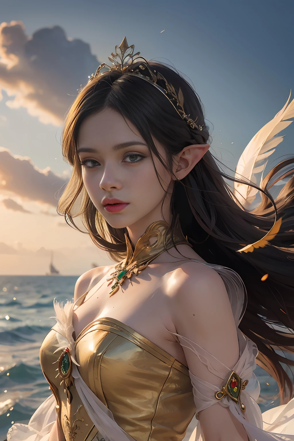 Highest quality, award-winning, masterpiece: 1.5), ultra-high resolution, (a fair-skinned girl: 1.2), long white hair, long hair floating (gorgeous face), calm, long yellow dress, elves, ancient ornaments, holding a bow and arrow, (feathers in hair: 0.4), headdress: 0.33, emerald, obsidian, detailed clothes, realistic skin texture, (floating particles, water swirls, embers, rituals, whirlwinds, wind: 1.2), clear focus, volumetric lighting, good highlights, good shadows, subsurface scattering, complex, highly detailed, ((film)), dramatic, (Realism: 1.5), background beach,