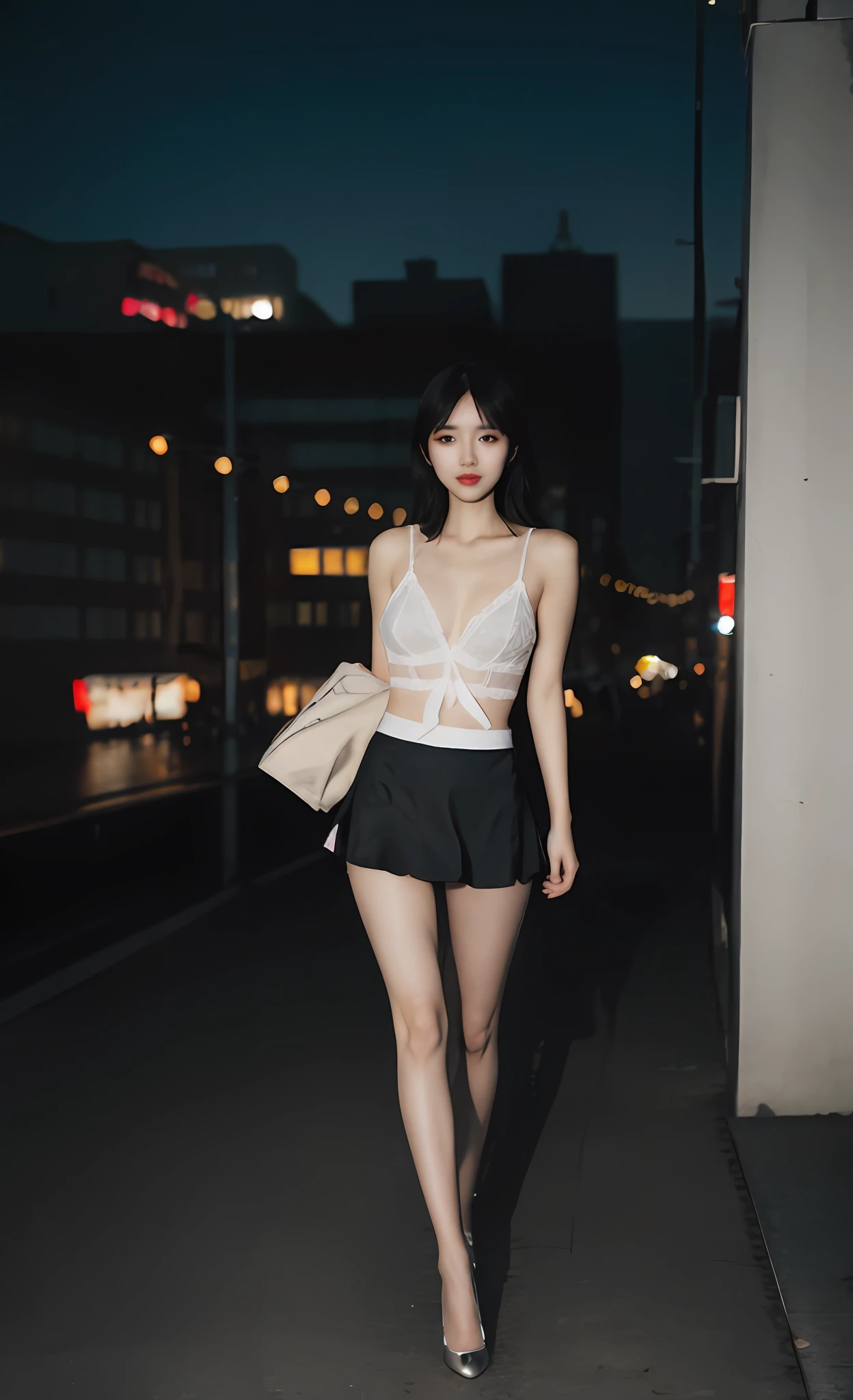 1girl, full body, short skirt, stockings, transparent lingerie, medium breasts, bumps, (realistic detail eyes, natural skin texture), sexy pose, soft and eye-catching lighting, city light bokeh, clear detail, high detail, ultra-realistic, natural blur background, exposed panties.