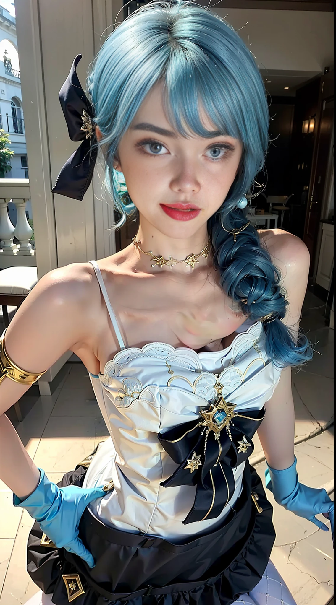 (medium head) perfect face, beautiful face, extremely detailed eyes, beautiful eyes, medium eyes, sexy pose, alone, 1 girl, short wavy hair, angry expression, smile, drill hair, gwen, blue hair, best quality, masterpiece, white dress, hair accessory, bow, gloves, black tights, legs, perfect lighting,