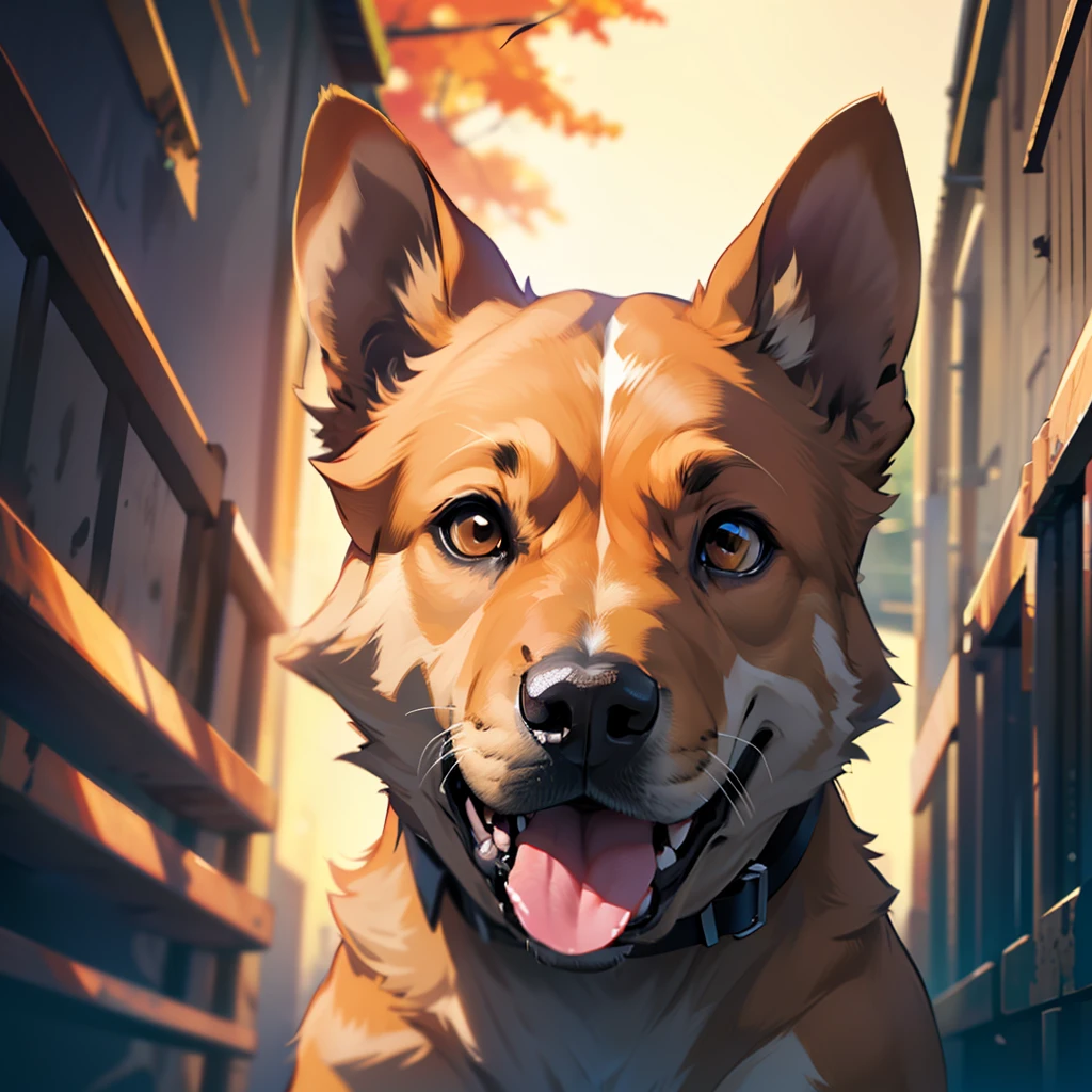(extremely detailed 8k wallpaper), dark theme, modern horror, 2020s, new yellow mutt dog, fall terrier breed, sharp focus, (subsurface scattering:1.1), award-winning photography, centered face, half-body photo:1.1, goosebumps, brown eyes:1.2, cheerful expression, tongue out, , dramatic lighting