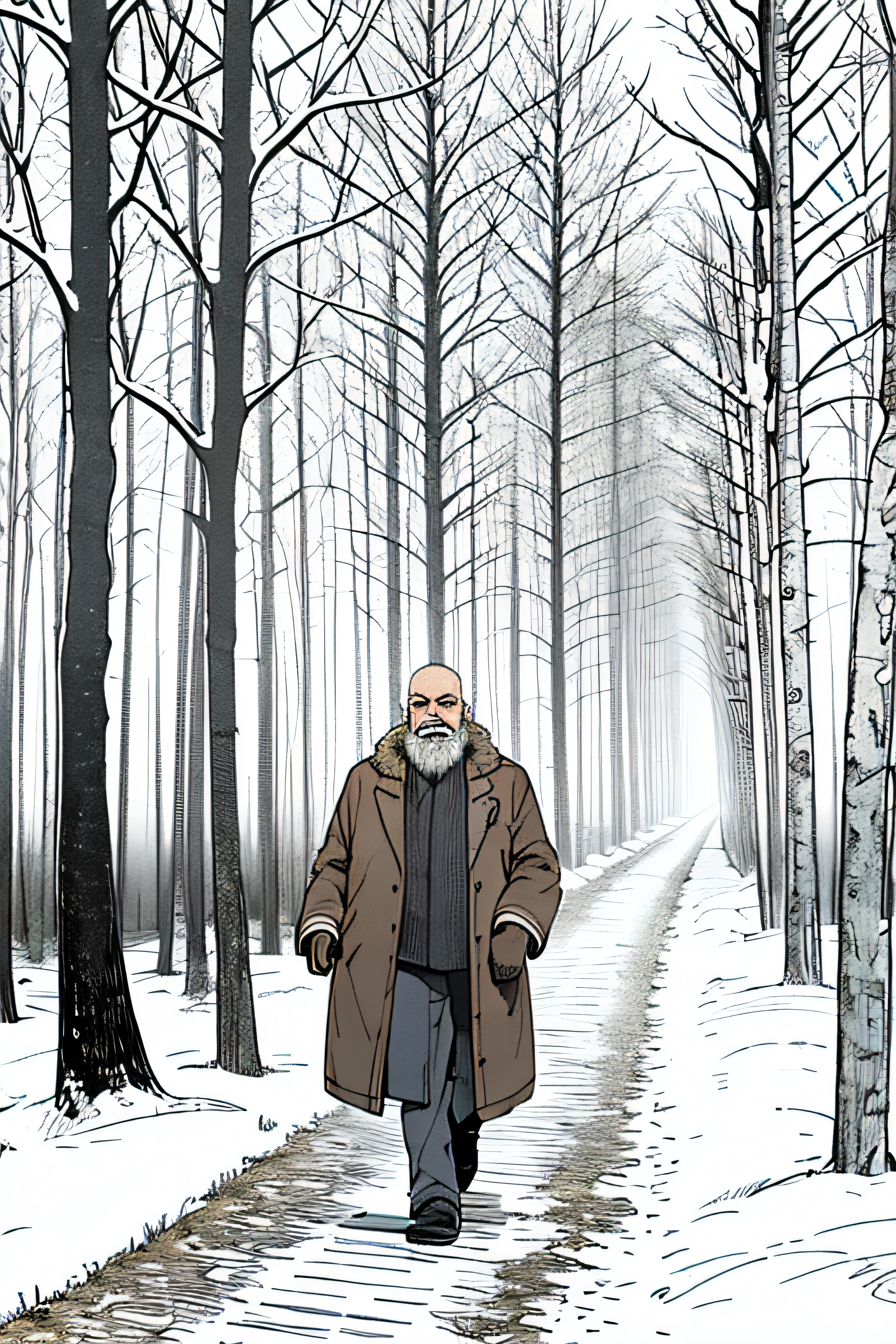 The stage is dim, snow falling in a gentle flurry. A solitary figure, a middle-aged man wrapped in worn furs, trudges determinedly on a wide path (the width of a road) through a thick forest . His face has stubble for a beard, his hair mid-length. The man has a walking stick, though he is in good health and shape and doesn't need it to walk - it merely helps for the long distances he travels. The man travels alone, and the path - though it is most definitely a path, and trodden - has not seen too many travelers recently.