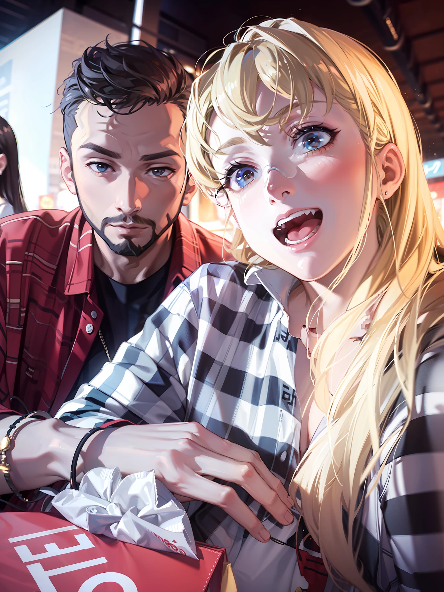 On the street, blonde girl's hair and glasses, curly brunette boy with beard, June party plaid clothes boys and girls walking together, very sweet