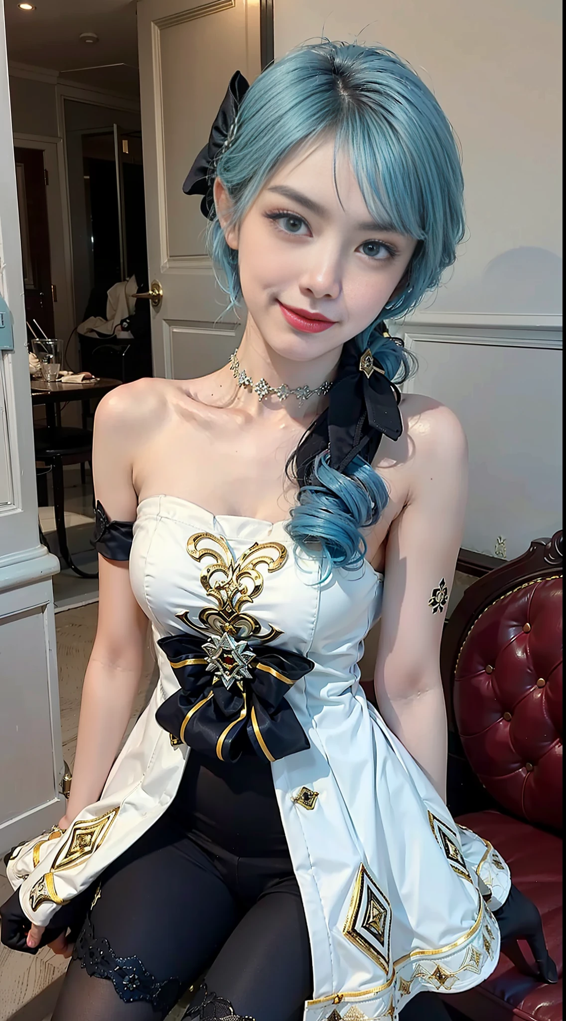 (medium head) perfect face, beautiful face, extremely detailed eyes, beautiful eyes, medium eyes, sexy pose, alone, 1 girl, short wavy hair, angry expression, smile, drill hair, gwen, blue hair, best quality, masterpiece, white dress, hair accessory, bow, gloves, black tights, legs, perfect lighting,