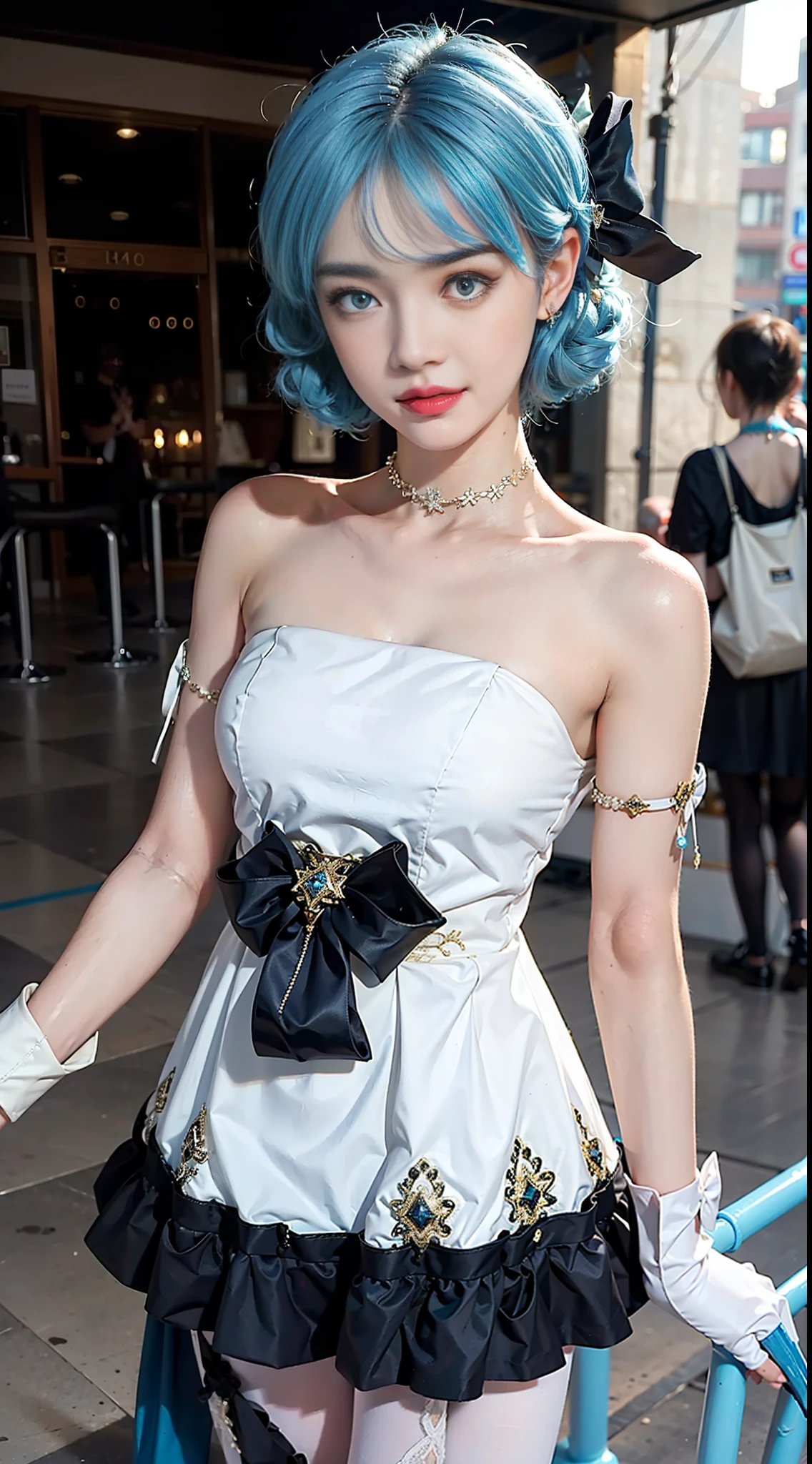 (medium head) perfect face, beautiful face, extremely detailed eyes, beautiful eyes, medium eyes, sexy pose, alone, 1 girl, short wavy hair, angry expression, smile, drill hair, gwen, blue hair, best quality, masterpiece, white dress, hair accessory, bow, gloves, black tights, legs, perfect lighting,