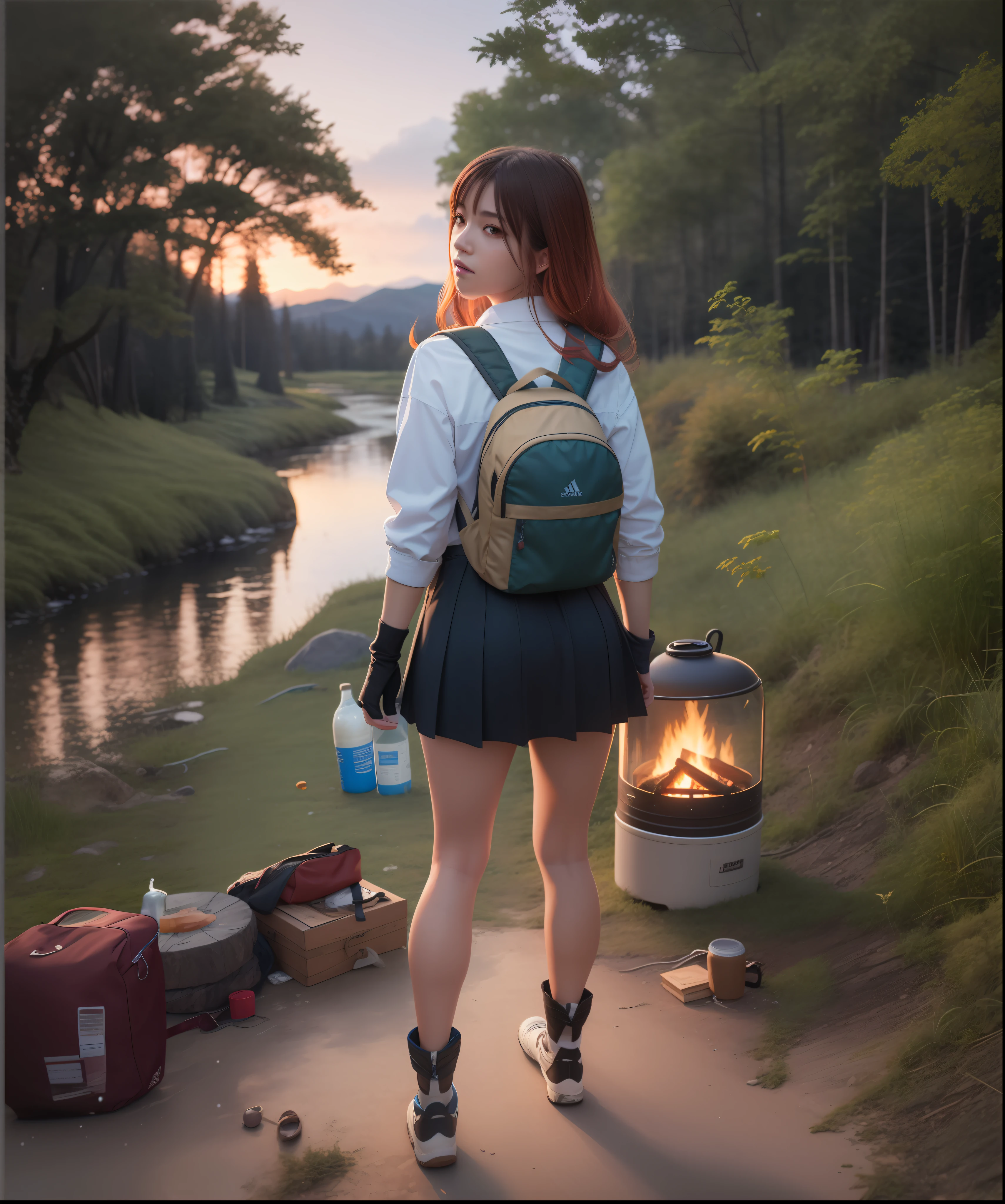 there is a woman that is standing near a fire with a backpack, a hyperrealistic schoolgirl, hyperrealistic schoolgirl, evening!! in the forest, adventure hyper realistic render, artwork in the style of guweiz, realistic schoolgirl, in style of makoto shinkai, makoto shinkai style, makoto shinkai. digital render